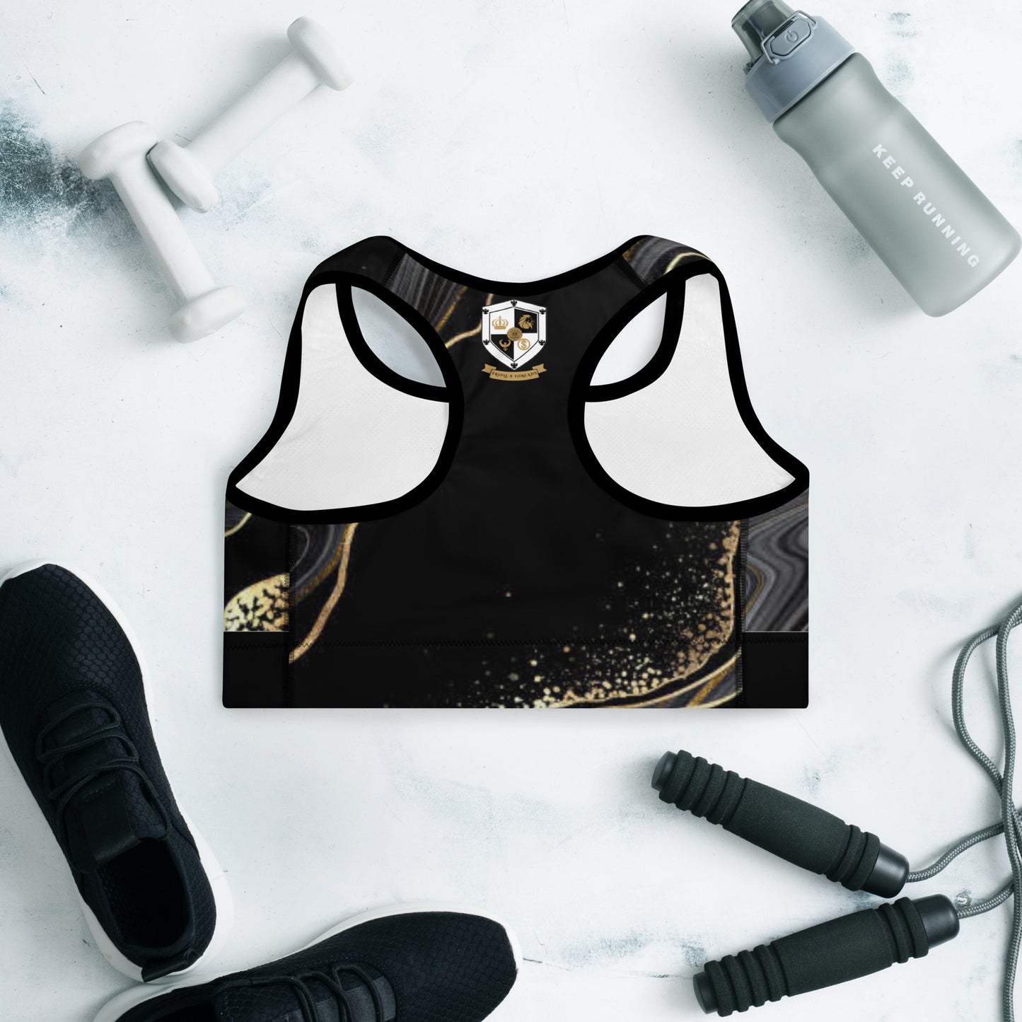 8xquiZit Collection T8T Deep Black N Gold Marble Padded Sports Bra