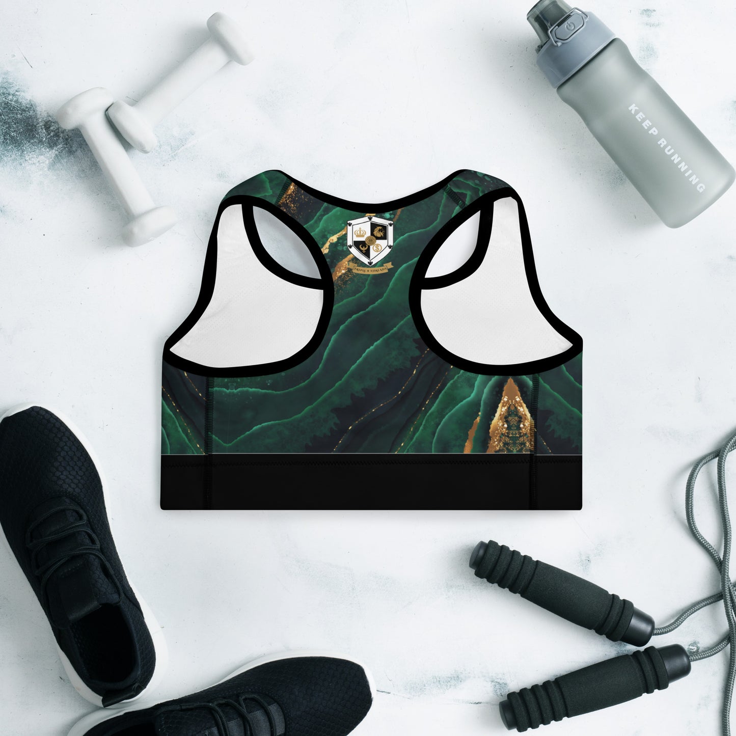 8xquiZit Collection T8T Emerald Green N Gold Marble Padded Sports Bra