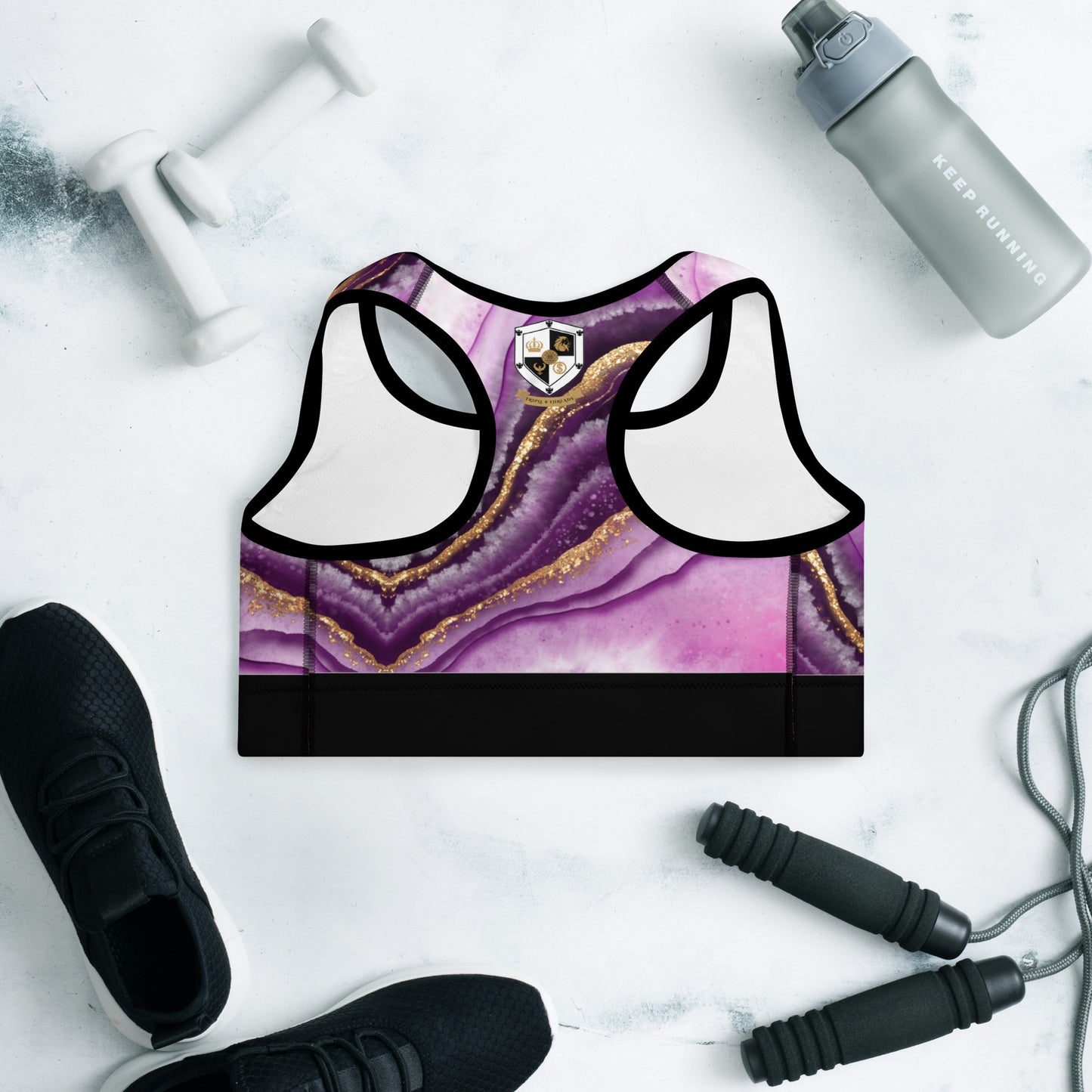 8xquiZit Collection T8T Royal Purple N Gold Marble Padded Sports Bra