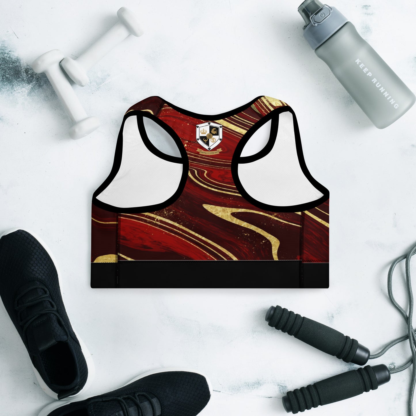 8xquiZit Collection T8T Ruby Red N Gold Marble Padded Sports Bra