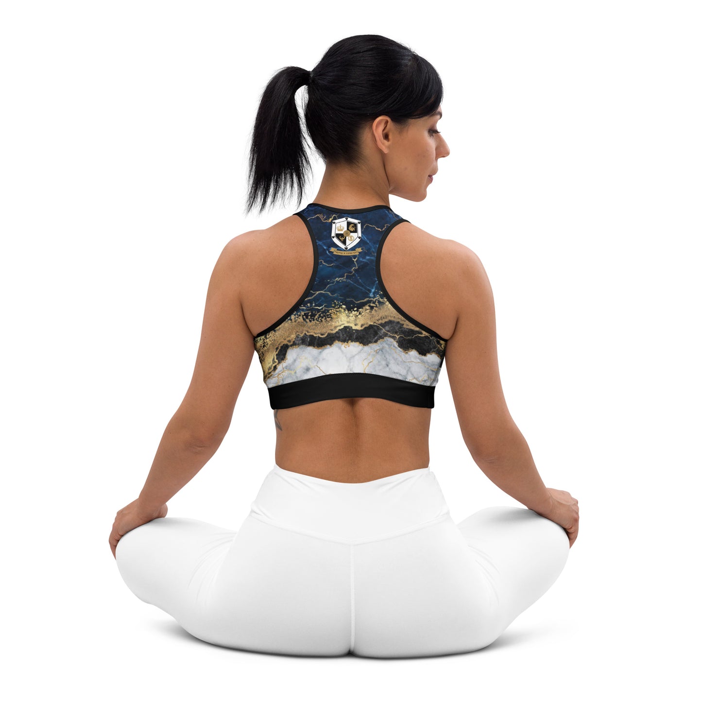 8xquiZit Collection T8T Tri-color Blue, Gold, & White Marble Padded Sports Bra