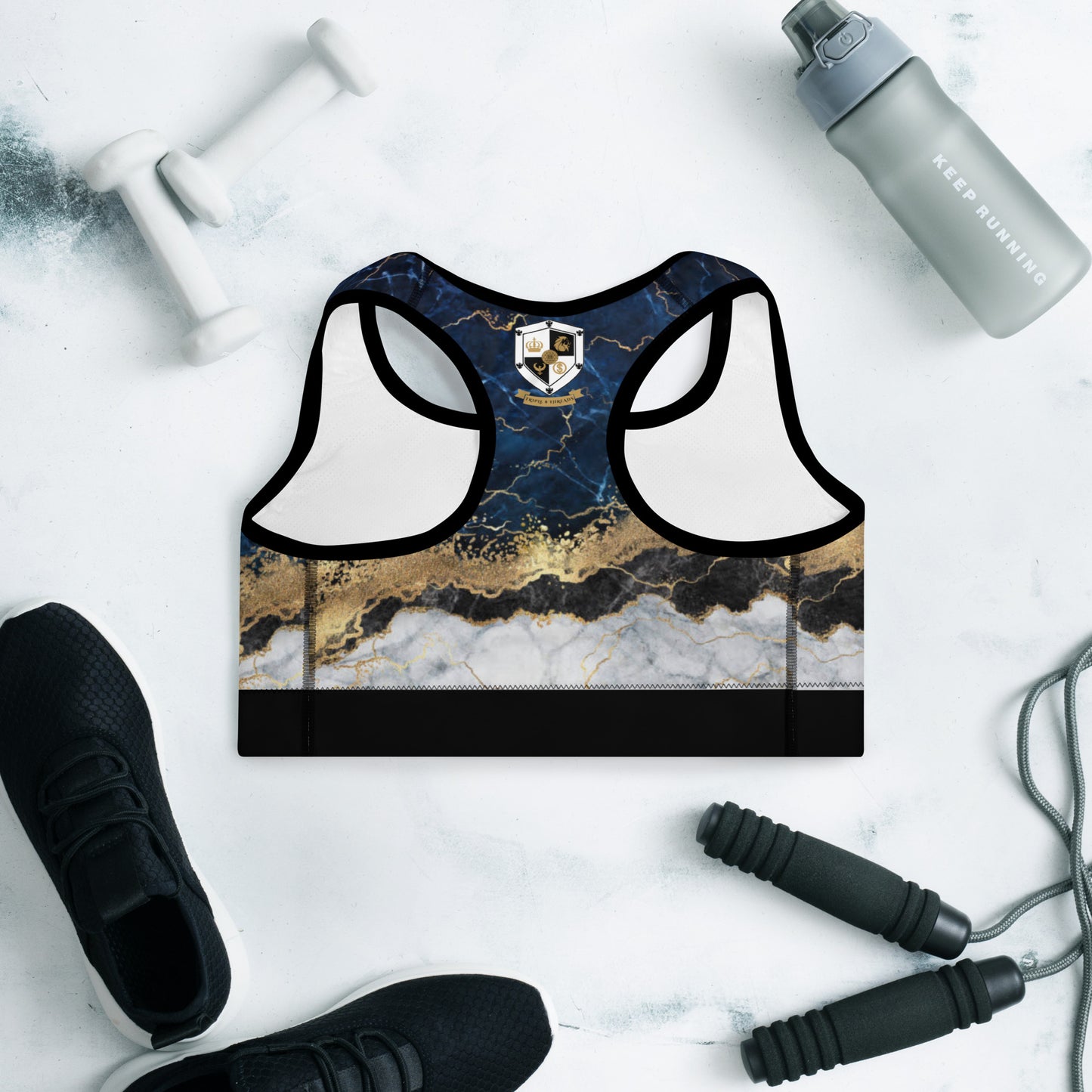8xquiZit Collection T8T Tri-color Blue, Gold, & White Marble Padded Sports Bra