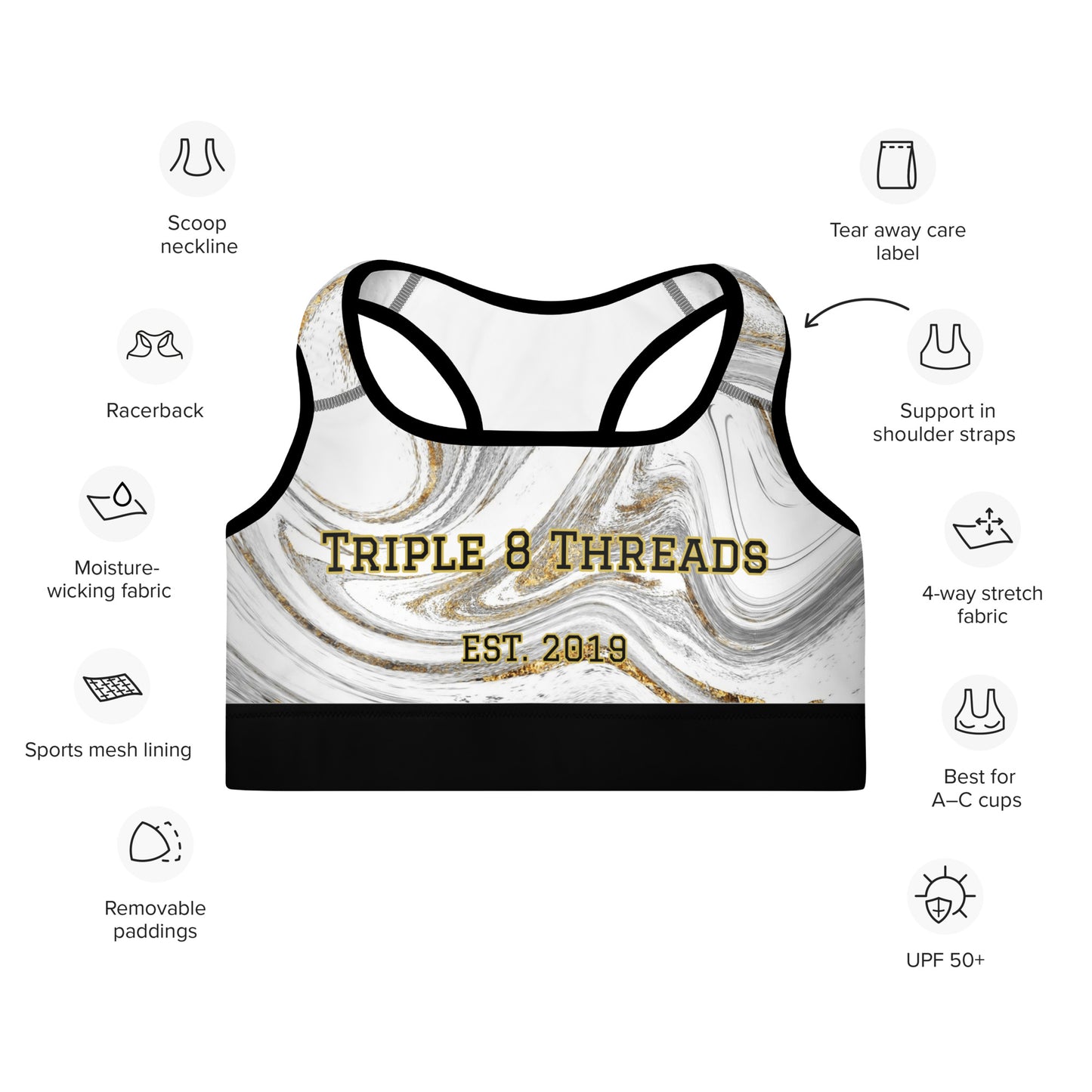 8xquiZit Collection T8T White Marble Padded Sports Bra