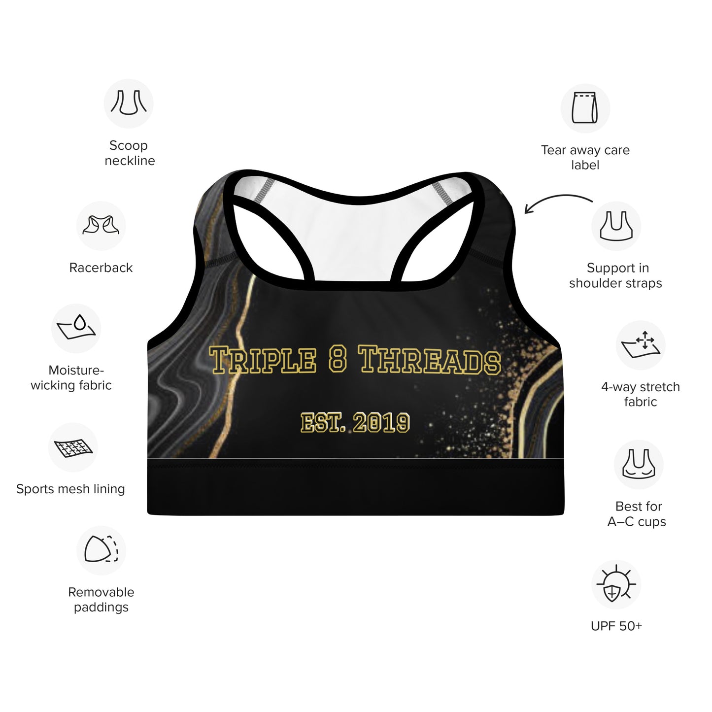 8xquiZit Collection T8T Deep Black N Gold Marble Padded Sports Bra