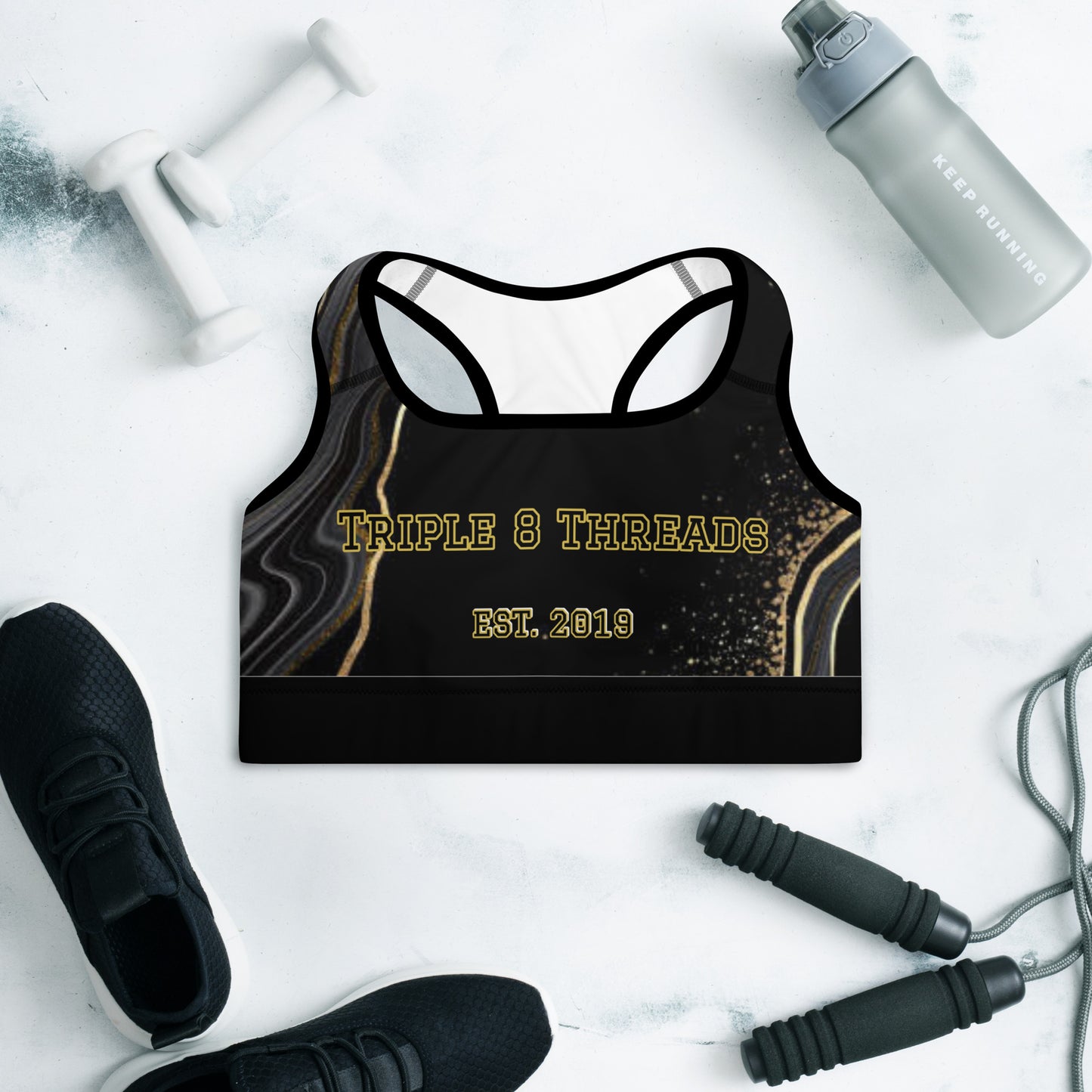 8xquiZit Collection T8T Deep Black N Gold Marble Padded Sports Bra