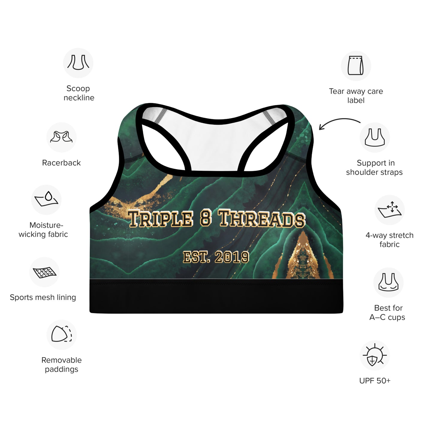 8xquiZit Collection T8T Emerald Green N Gold Marble Padded Sports Bra