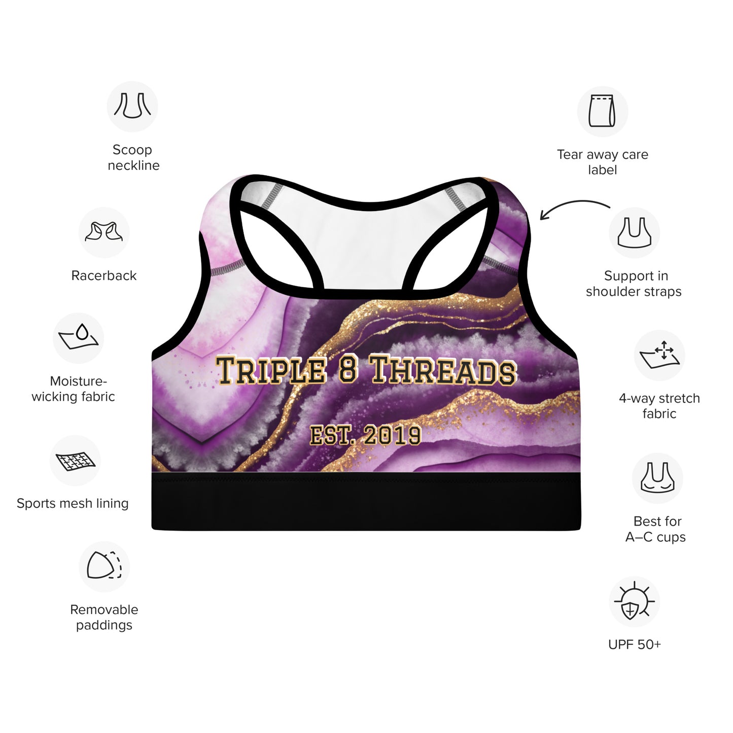 8xquiZit Collection T8T Royal Purple N Gold Marble Padded Sports Bra