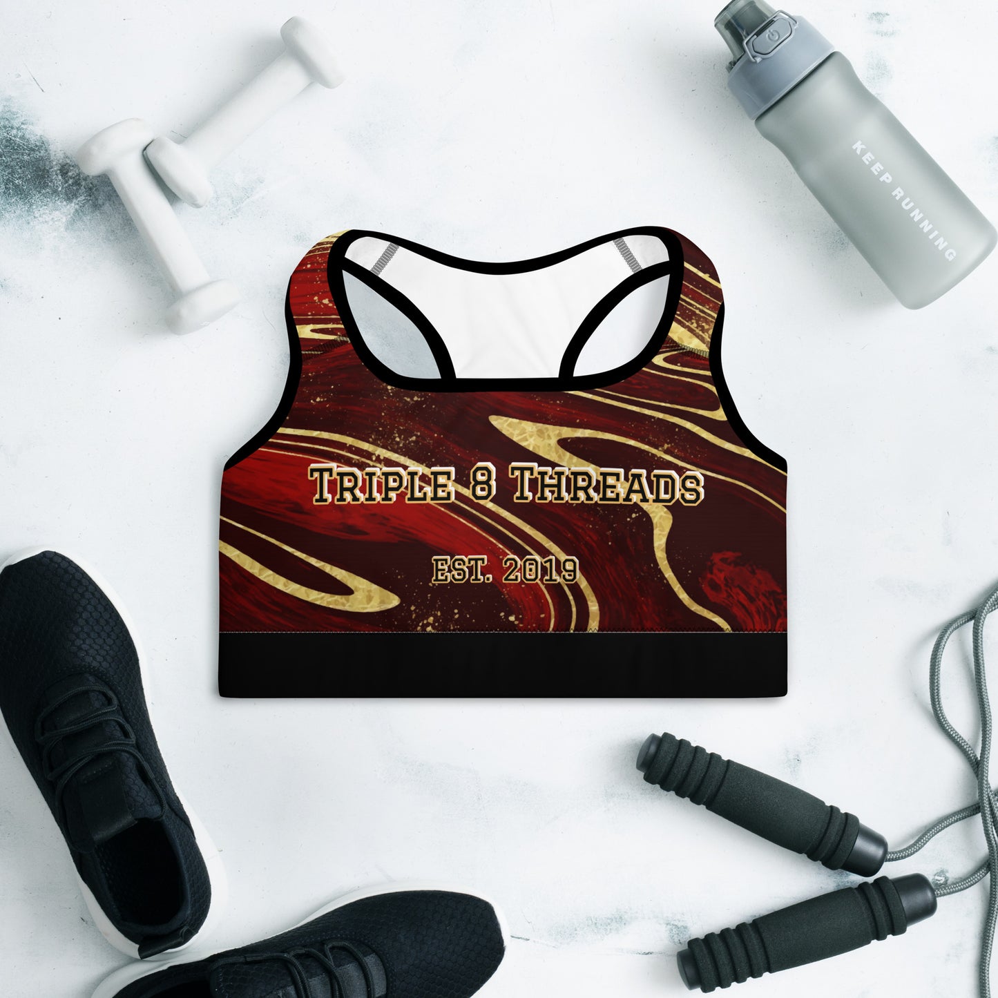 8xquiZit Collection T8T Ruby Red N Gold Marble Padded Sports Bra