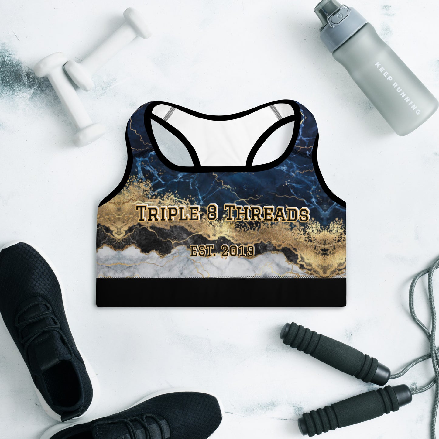 8xquiZit Collection T8T Tri-color Blue, Gold, & White Marble Padded Sports Bra
