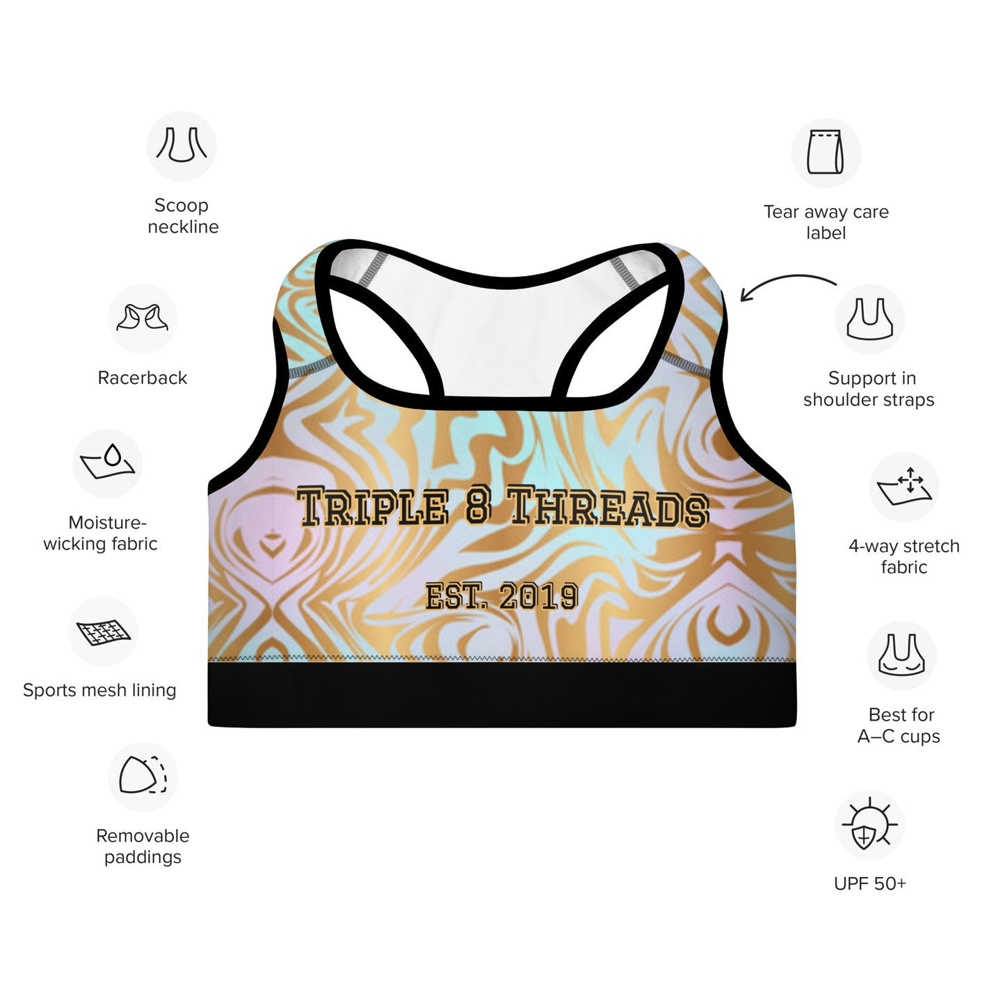 8xquiZit Collection T8T Pynk N Turq Jungle Luv Marble Padded Sports Bra