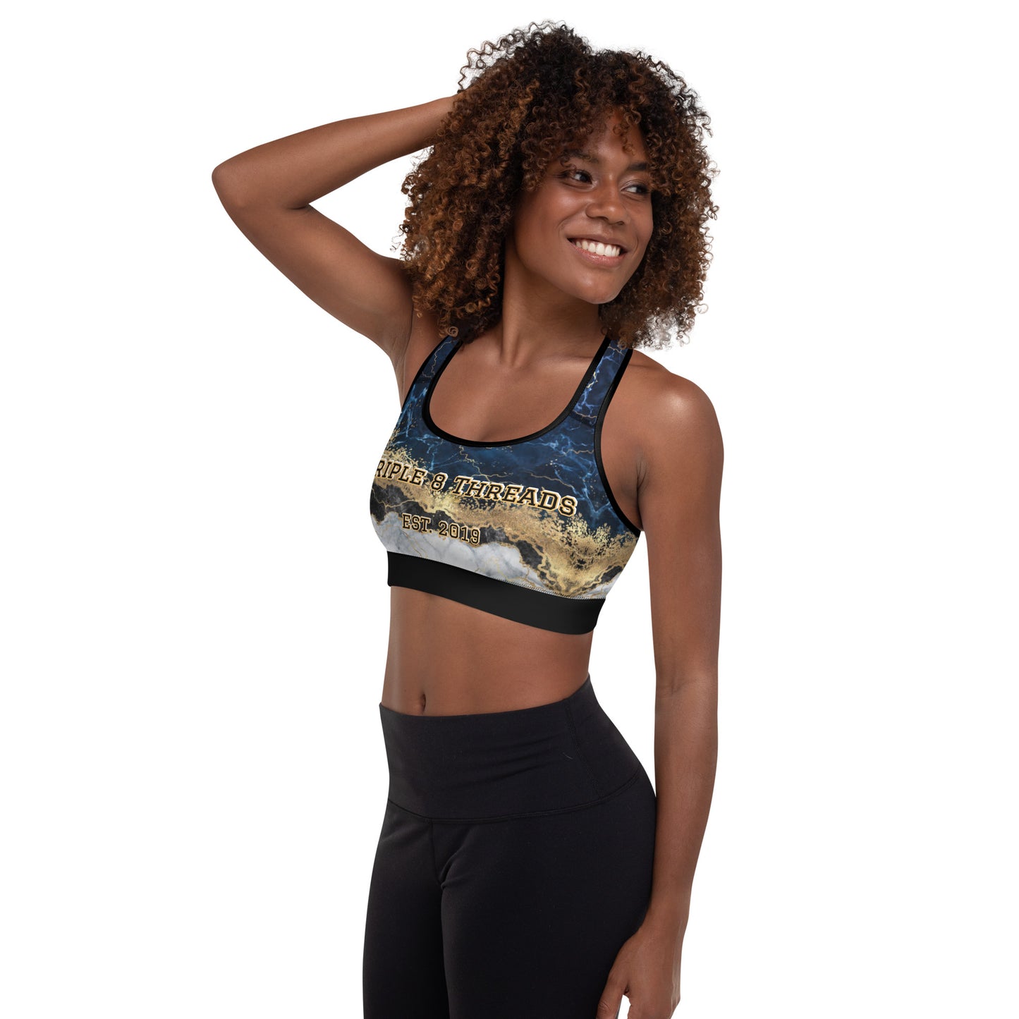 8xquiZit Collection T8T Tri-color Blue, Gold, & White Marble Padded Sports Bra