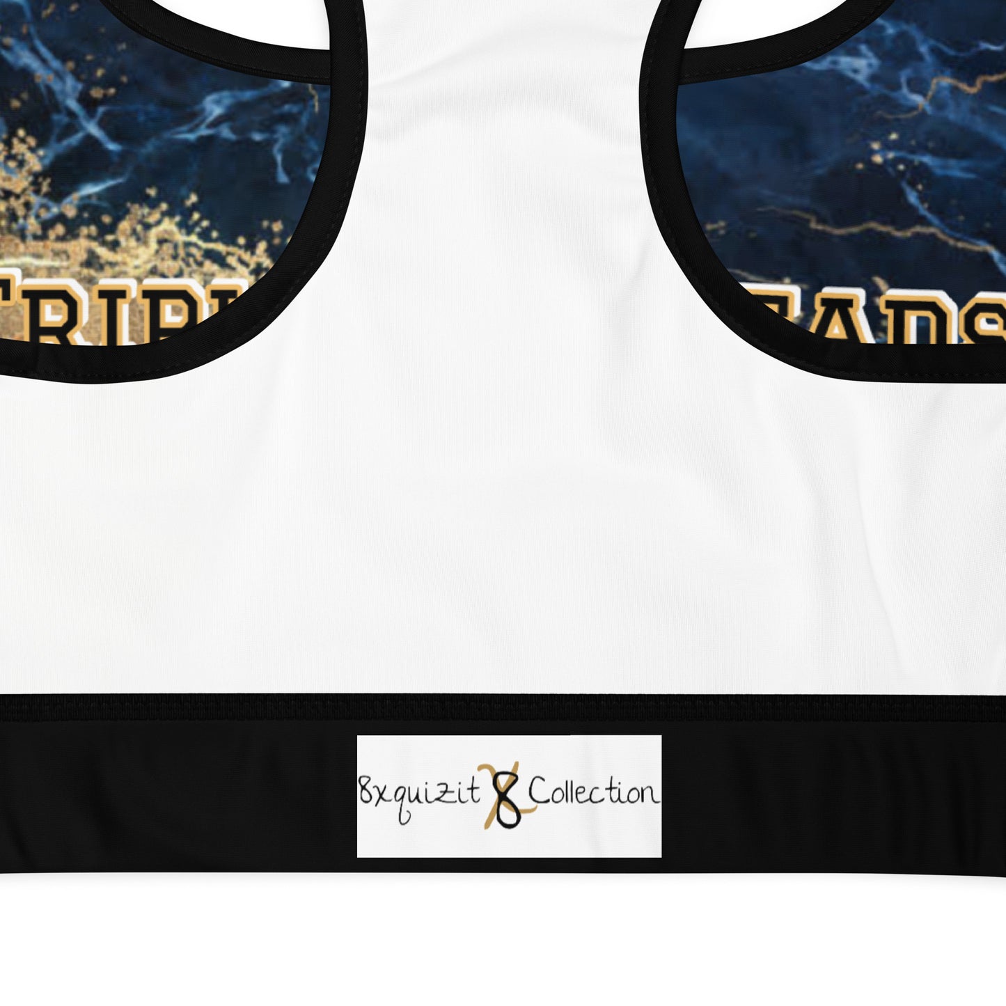 8xquiZit Collection T8T Tri-color Blue, Gold, & White Marble Padded Sports Bra