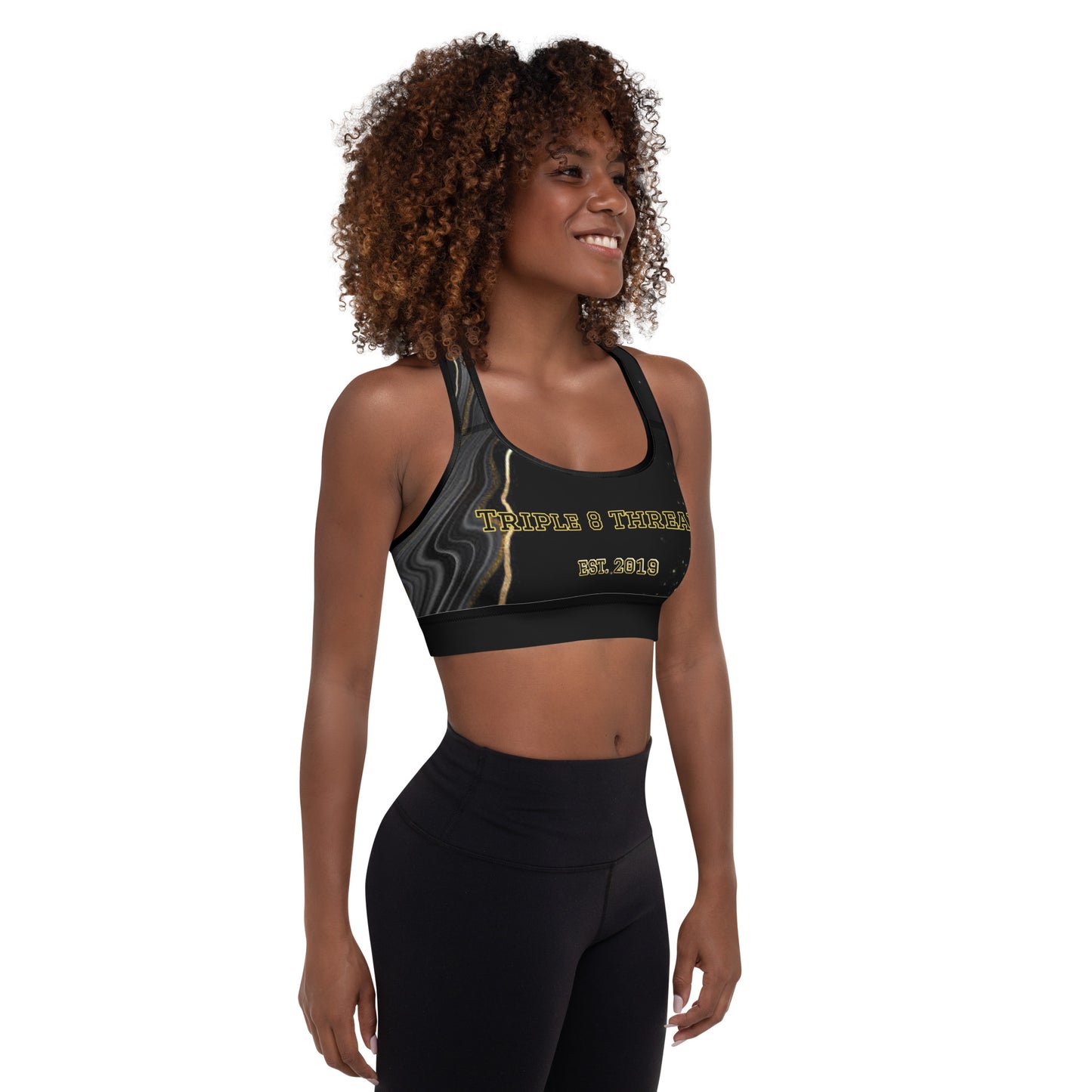 8xquiZit Collection T8T Deep Black N Gold Marble Padded Sports Bra