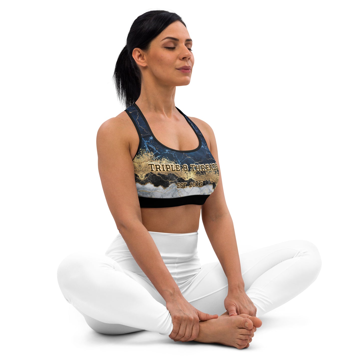 8xquiZit Collection T8T Tri-color Blue, Gold, & White Marble Padded Sports Bra