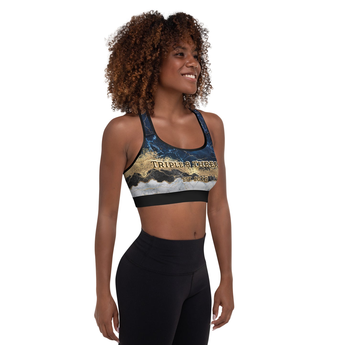 8xquiZit Collection T8T Tri-color Blue, Gold, & White Marble Padded Sports Bra