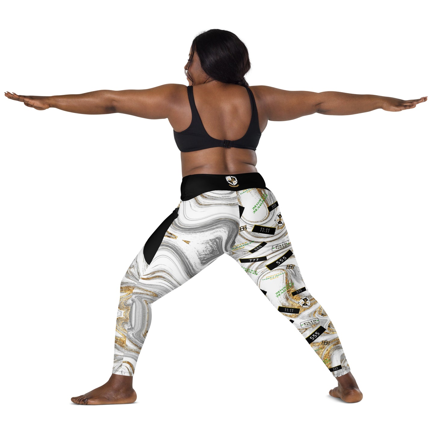 8xquiZit Collection - Women's White N Gold Marble Manifestation Crossover leggings with pockets
