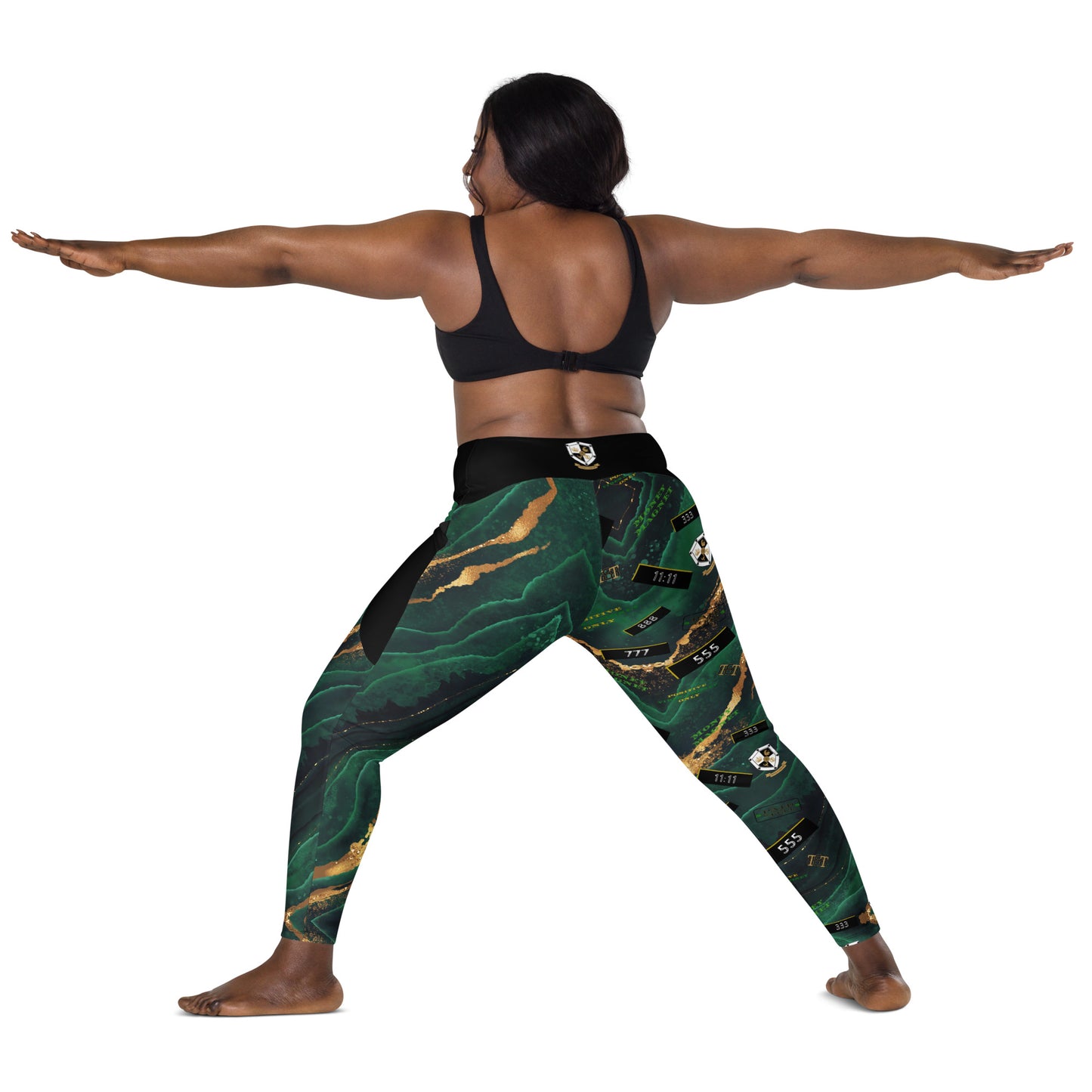 8xquiZit Collection - Women's Manifestation Emerald Green N Gold Marble Crossover Leggings with Pockets