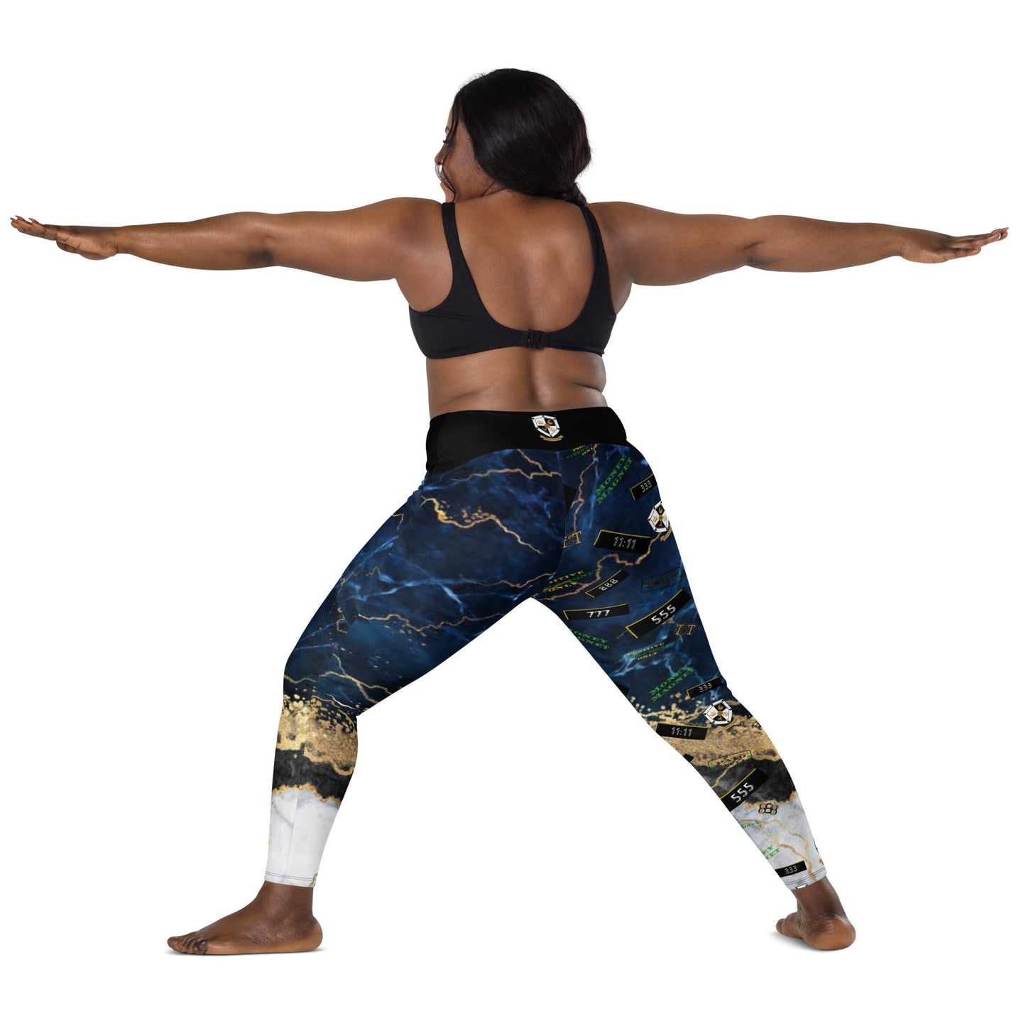 8xquiZit Collection - Women's Manifestation Tri-color Blue, Gold, & White Marble Crossover Leggings with Pockets