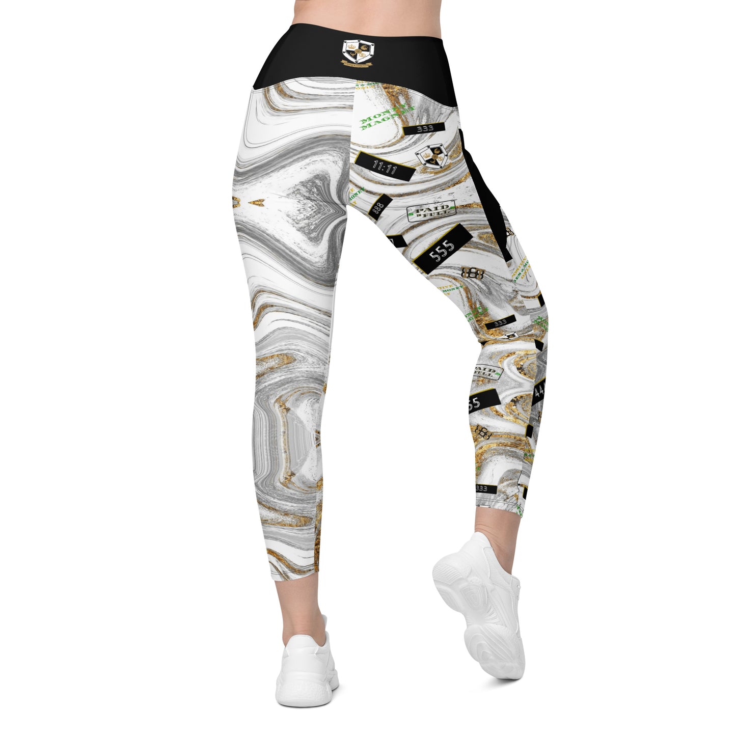8xquiZit Collection - Women's White N Gold Marble Manifestation Crossover leggings with pockets