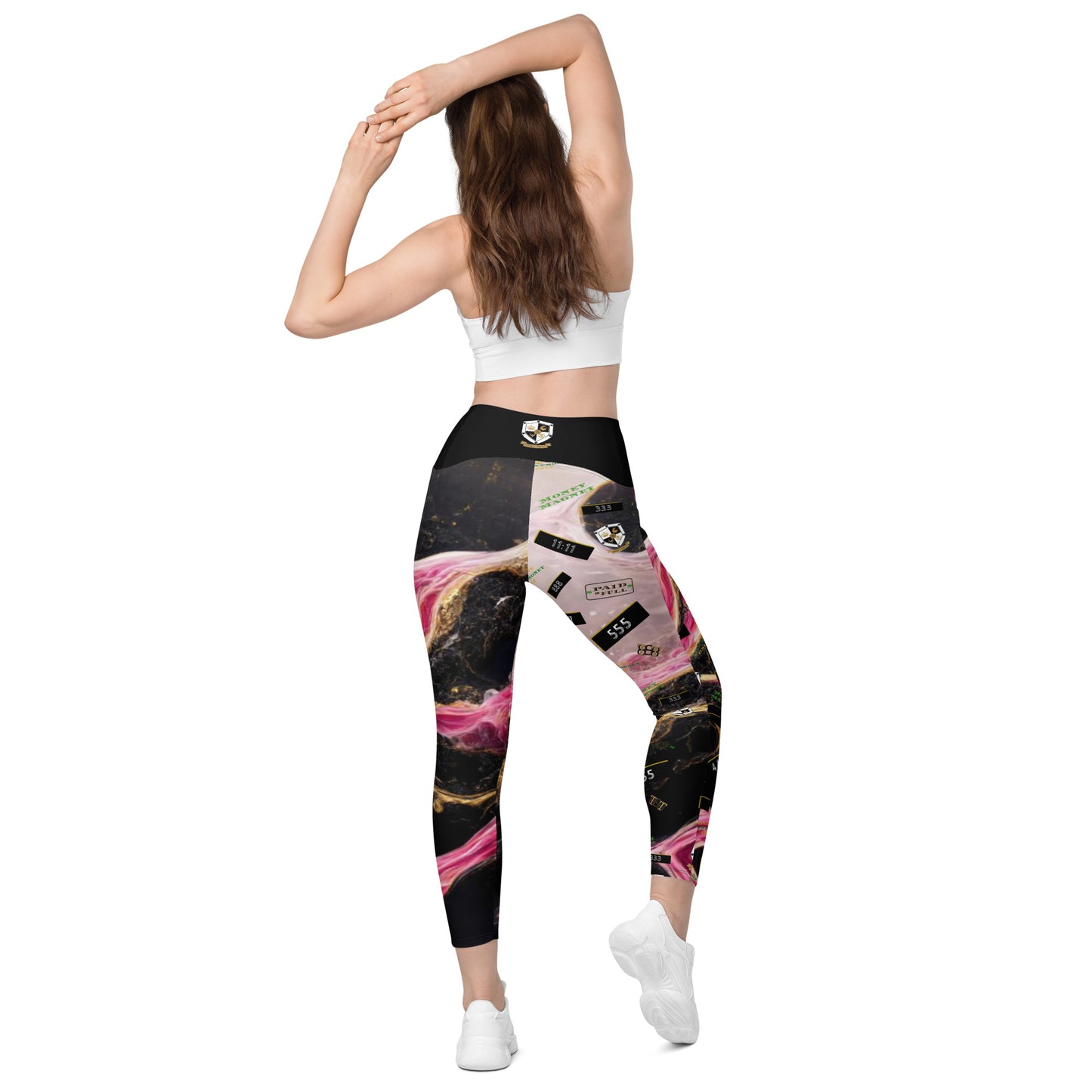 8xquiZit Collection - Women's Manifestation Pynk, Black, N Gold Marble Crossover leggings with pockets