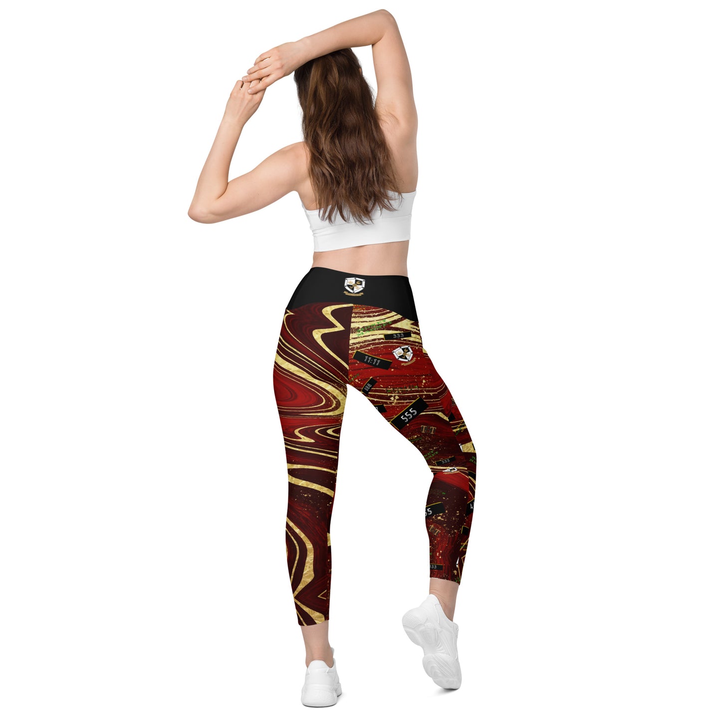 8xquiZit Collection - Women's Manifestation Ruby Red N Gold Marble Crossover Leggings with Pockets