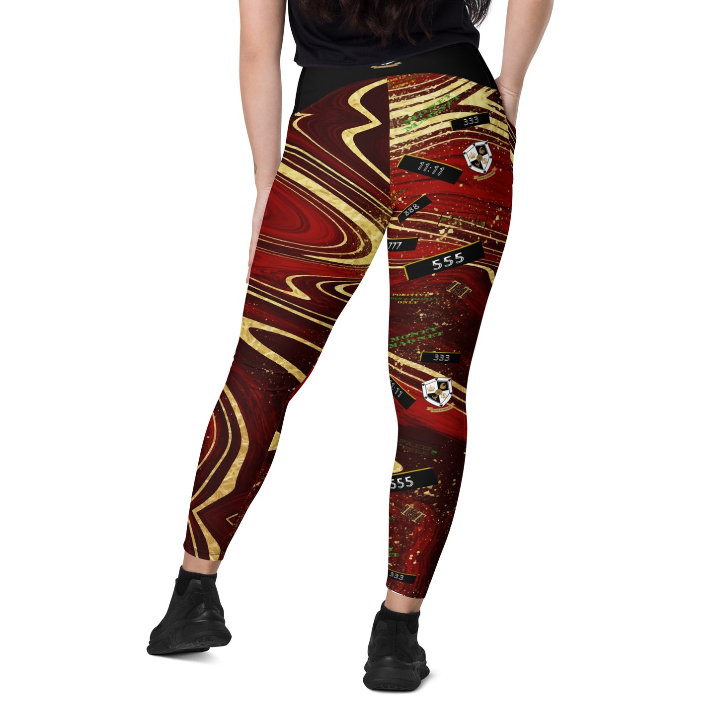 8xquiZit Collection - Women's Manifestation Ruby Red N Gold Marble Crossover Leggings with Pockets