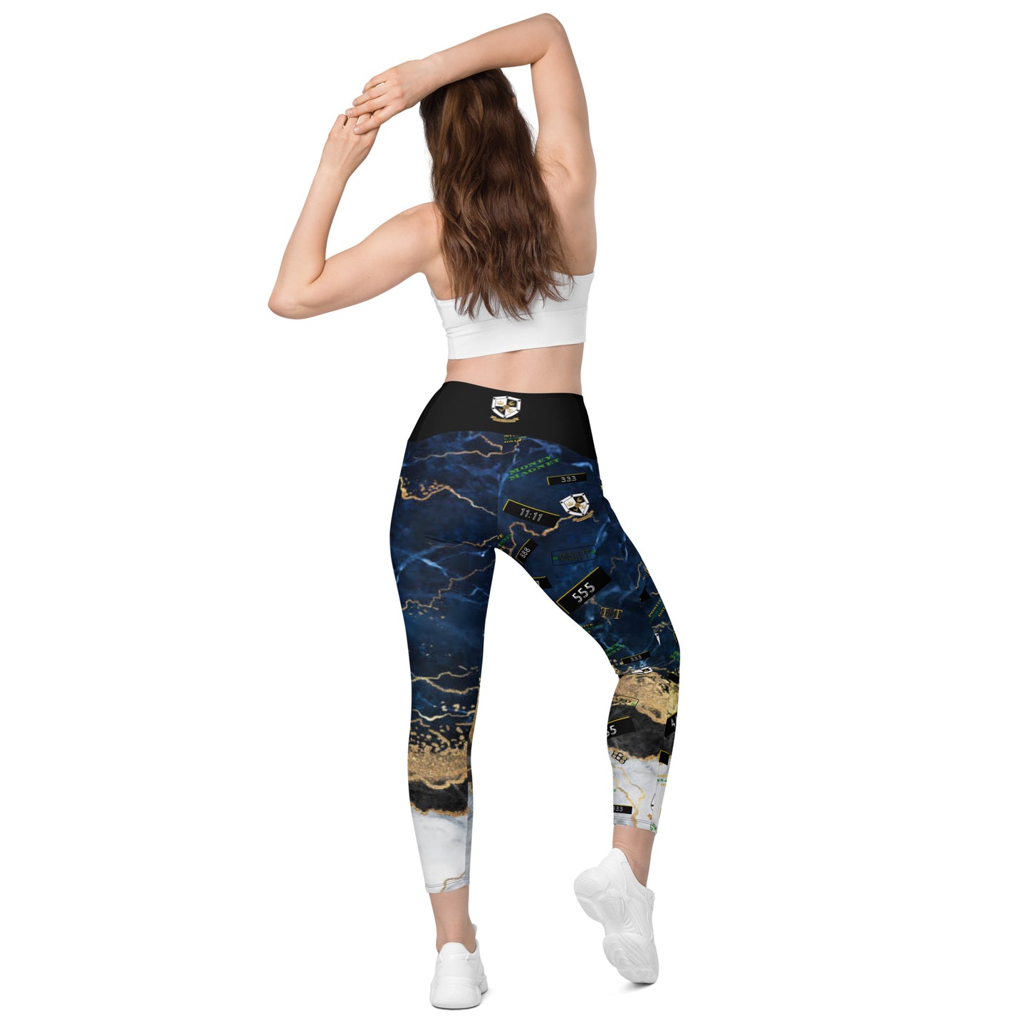 8xquiZit Collection - Women's Manifestation Tri-color Blue, Gold, & White Marble Crossover Leggings with Pockets