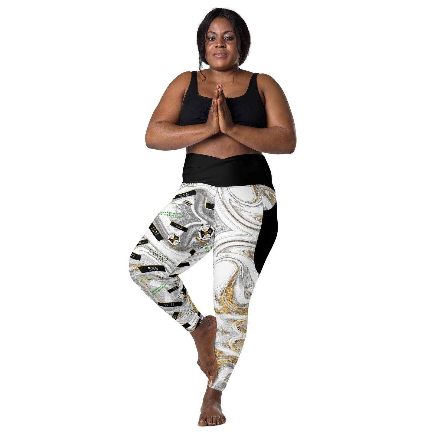 8xquiZit Collection - Women's White N Gold Marble Manifestation Crossover leggings with pockets