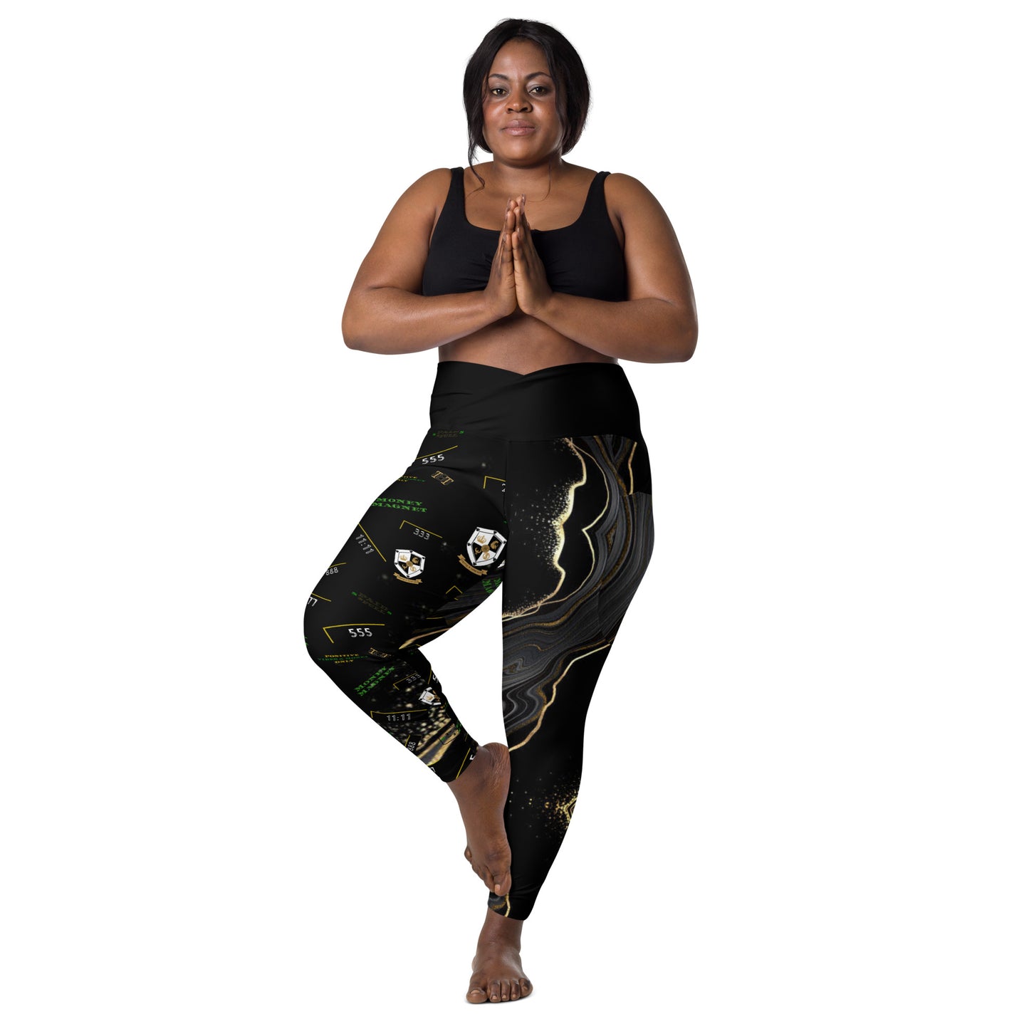 8xquiZit Collection - Women's Manifestation Deep Black N Gold Crossover leggings with pockets