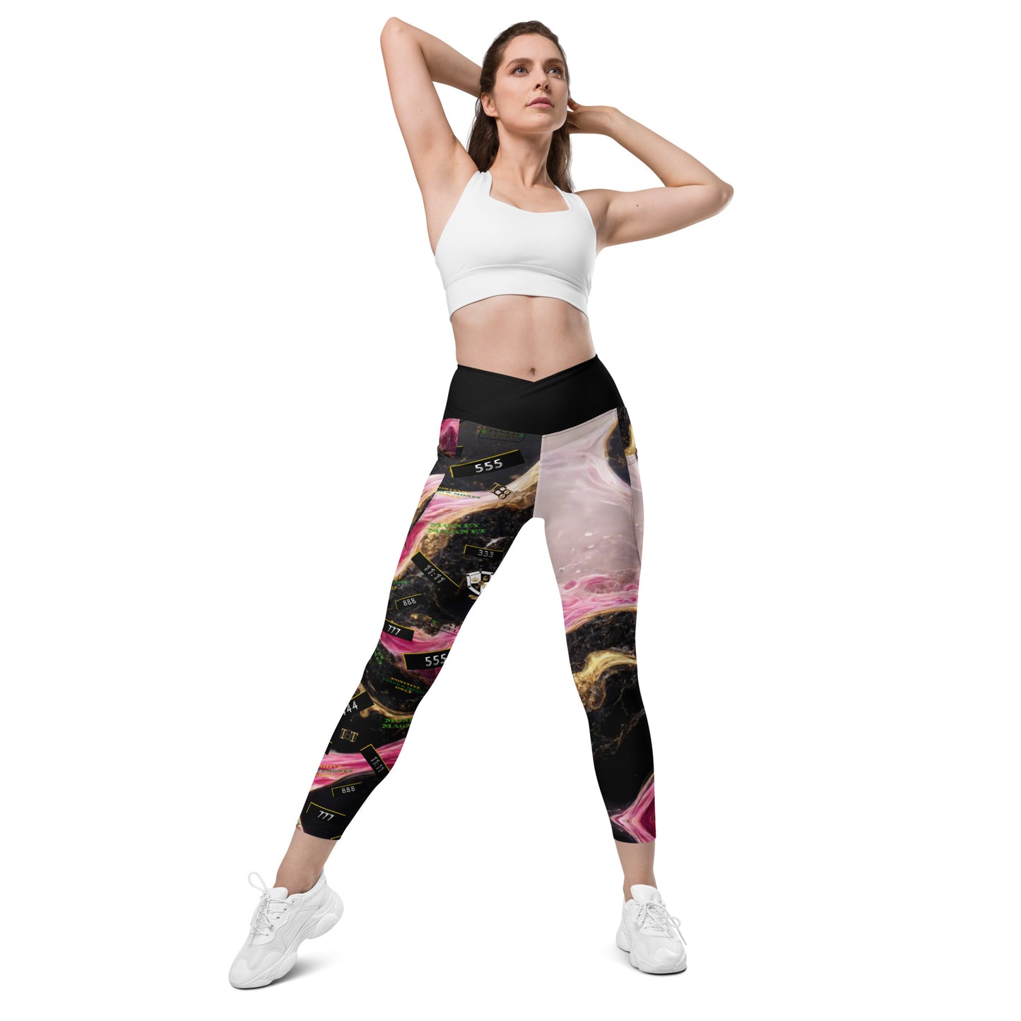 8xquiZit Collection - Women's Manifestation Pynk, Black, N Gold Marble Crossover leggings with pockets