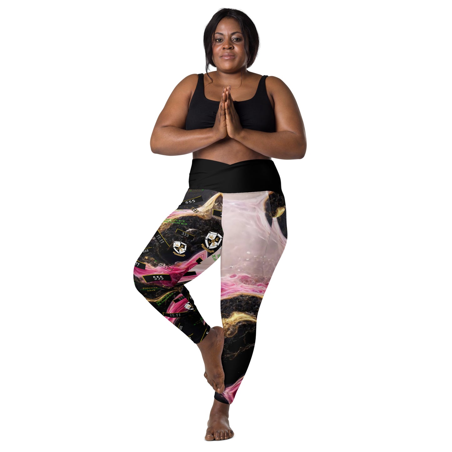8xquiZit Collection - Women's Manifestation Pynk, Black, N Gold Marble Crossover leggings with pockets