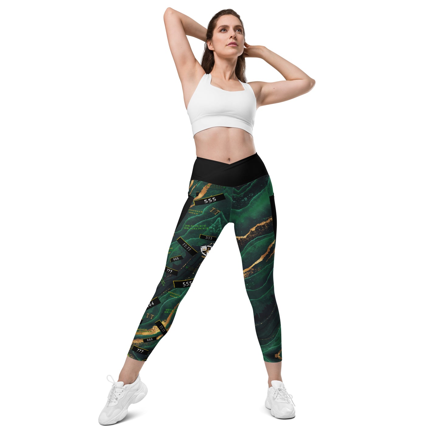 8xquiZit Collection - Women's Manifestation Emerald Green N Gold Marble Crossover Leggings with Pockets