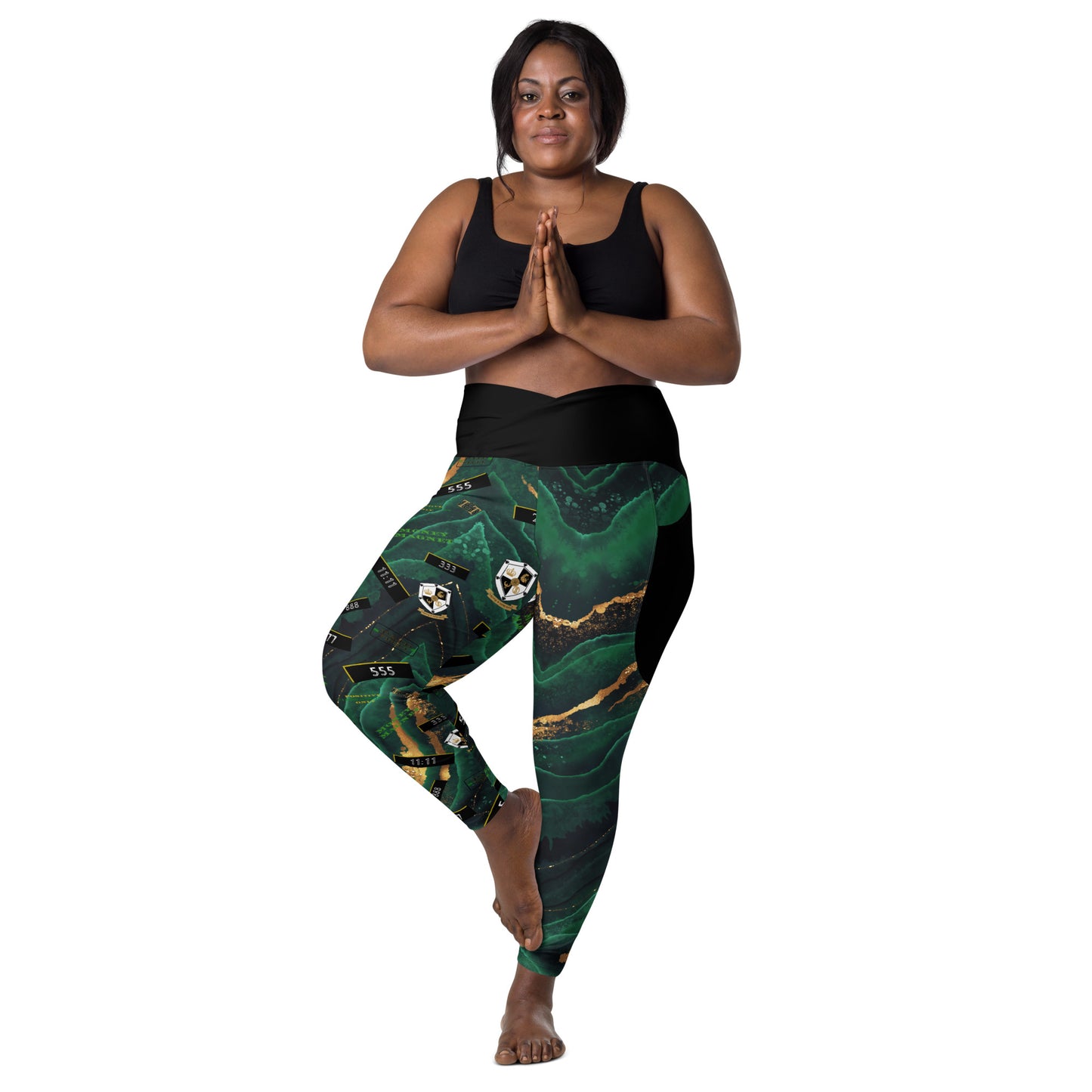 8xquiZit Collection - Women's Manifestation Emerald Green N Gold Marble Crossover Leggings with Pockets