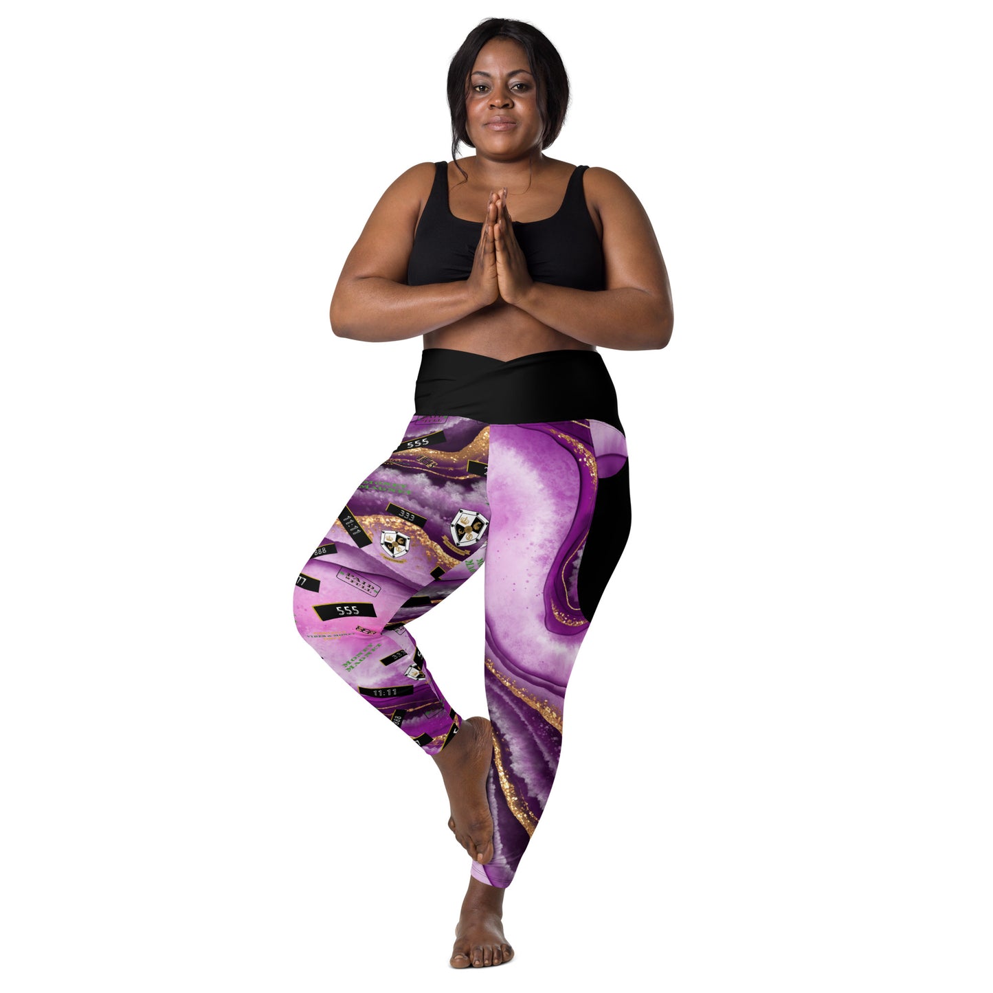 8xquiZit Collection - Women's Manifestation Royal Purple N Gold Marble Crossover Leggings with Pockets