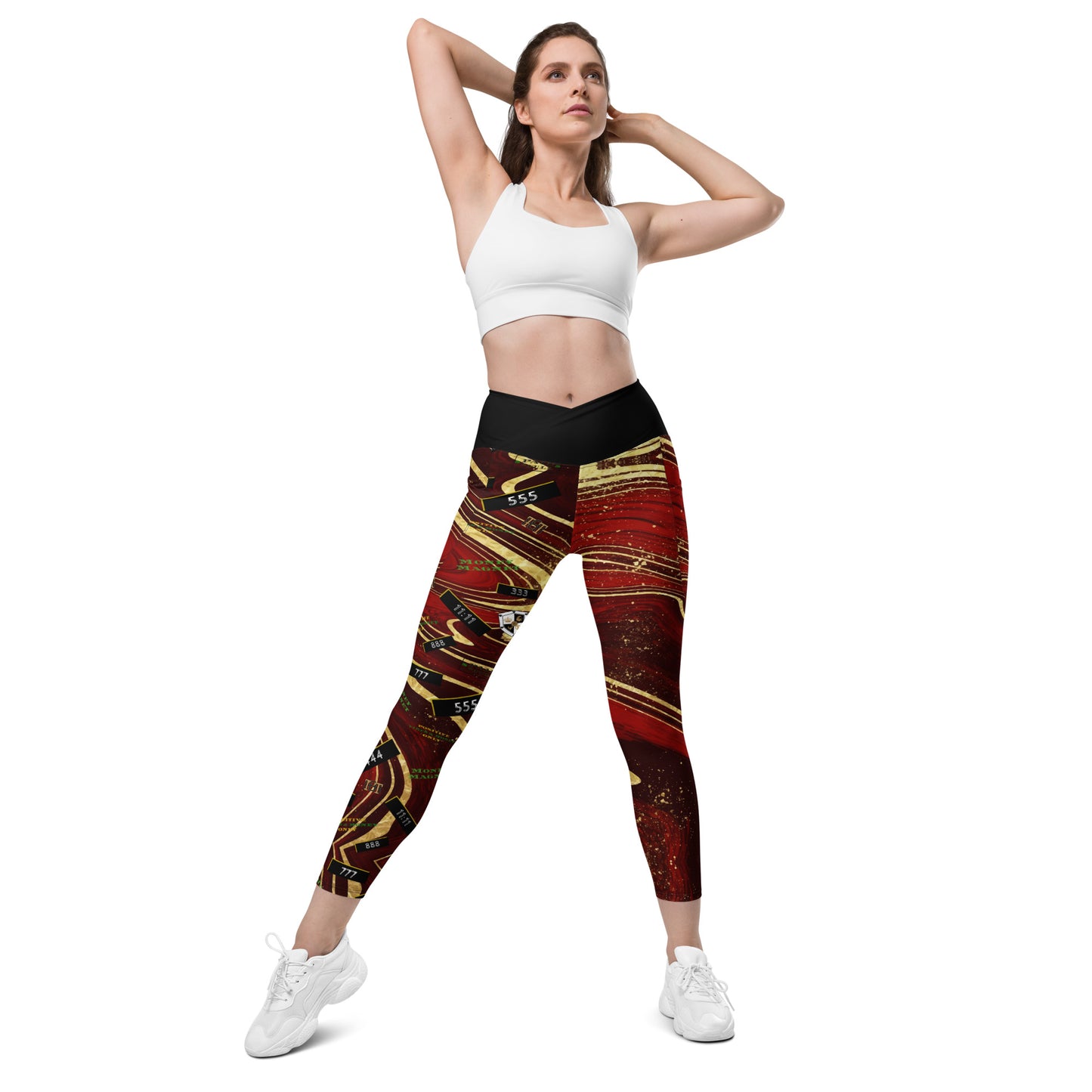 8xquiZit Collection - Women's Manifestation Ruby Red N Gold Marble Crossover Leggings with Pockets