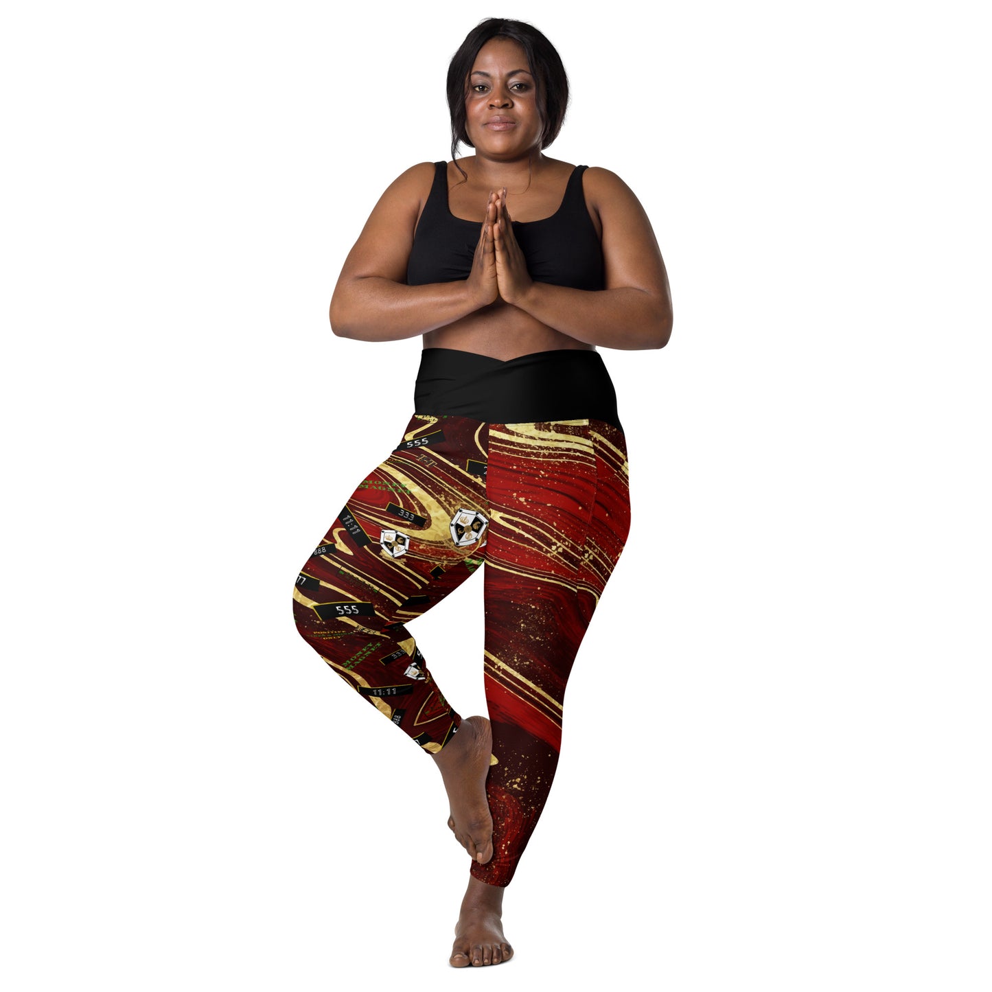8xquiZit Collection - Women's Manifestation Ruby Red N Gold Marble Crossover Leggings with Pockets