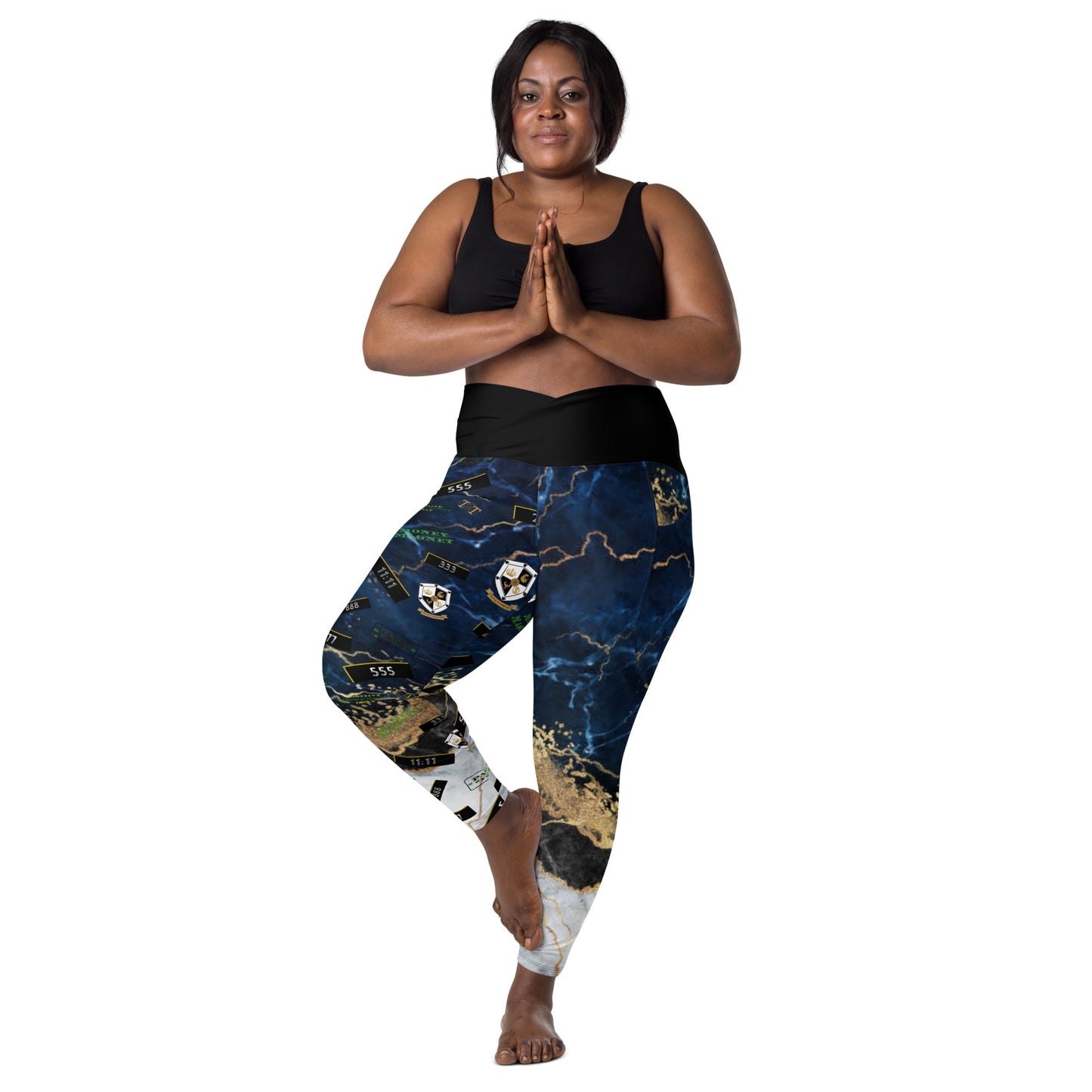 8xquiZit Collection - Women's Manifestation Tri-color Blue, Gold, & White Marble Crossover Leggings with Pockets