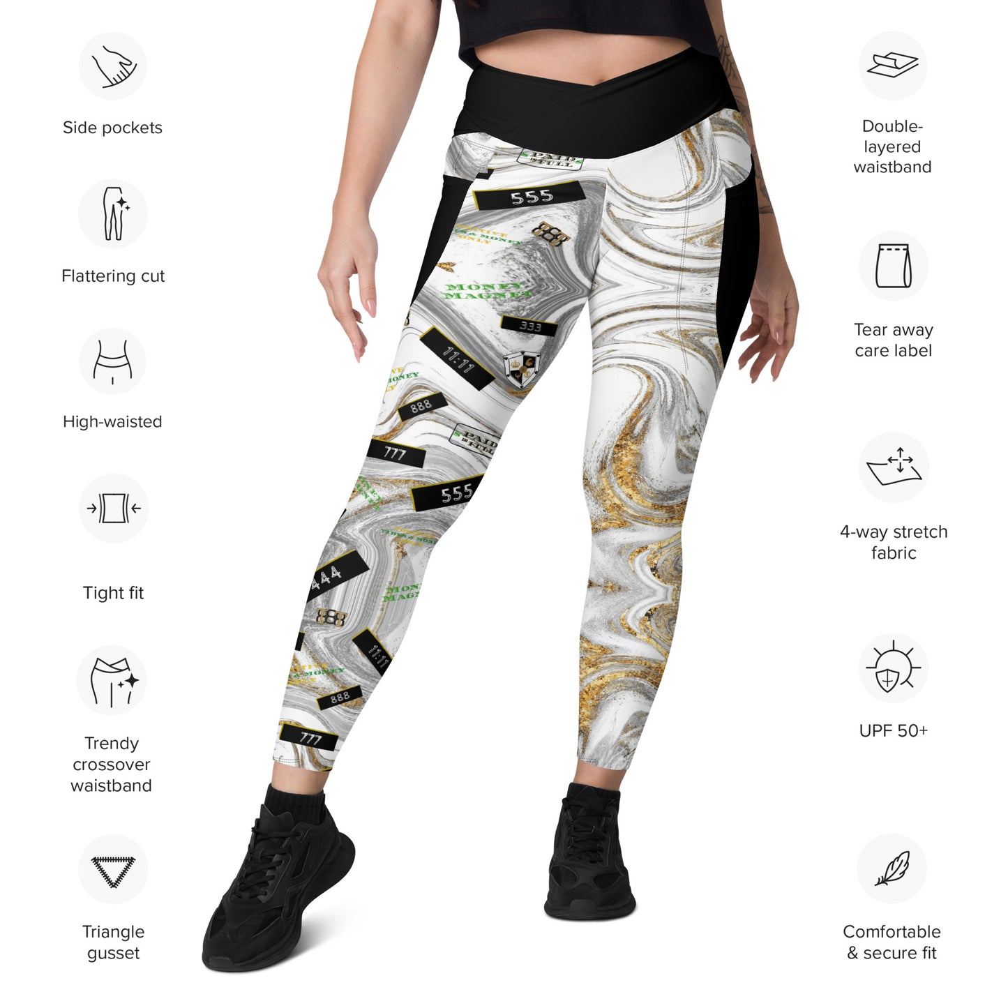 8xquiZit Collection - Women's White N Gold Marble Manifestation Crossover leggings with pockets