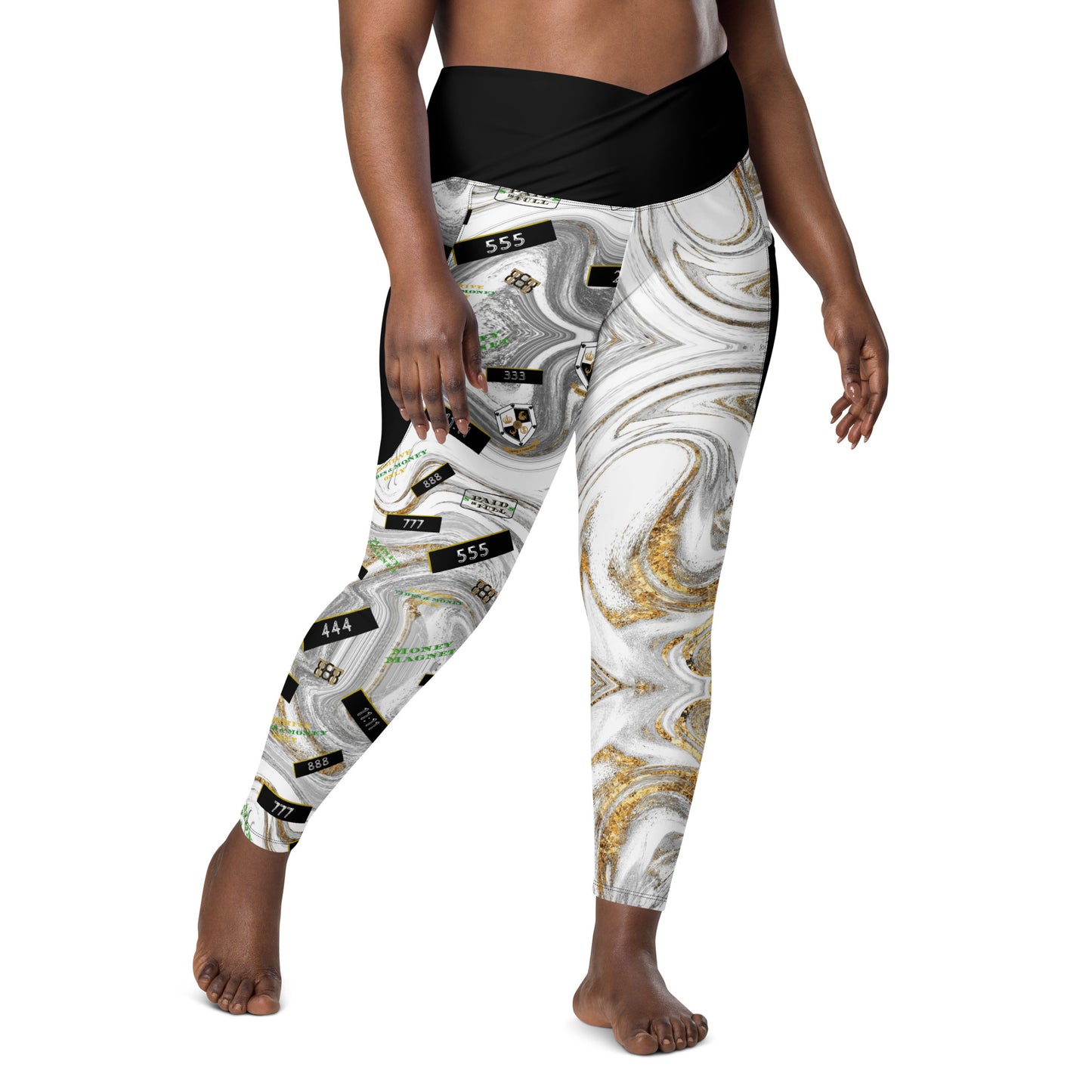 8xquiZit Collection - Women's White N Gold Marble Manifestation Crossover leggings with pockets