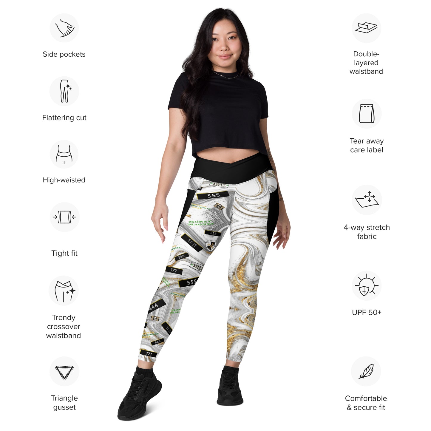 8xquiZit Collection - Women's White N Gold Marble Manifestation Crossover leggings with pockets