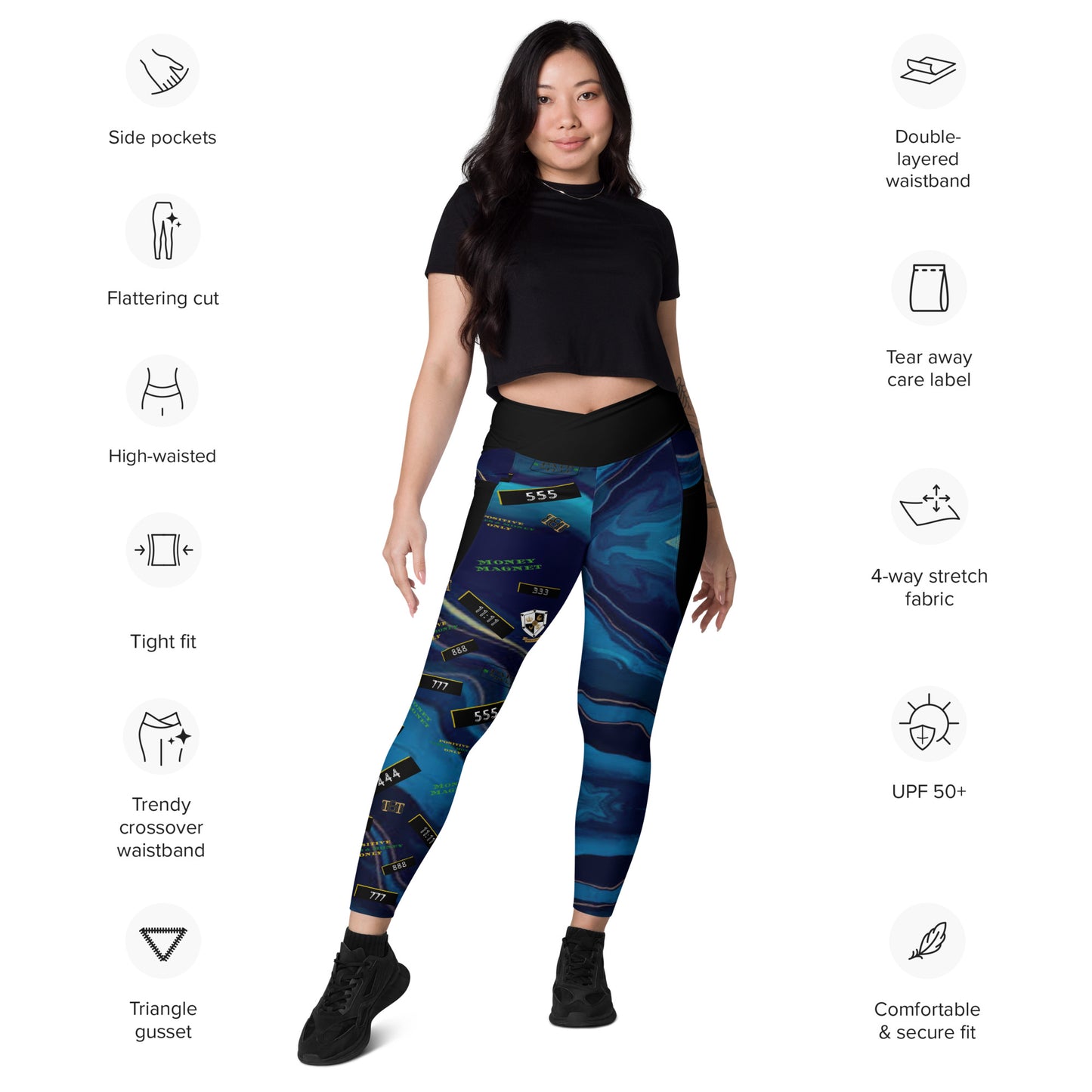 8xquiZit Collection - Women's Manifestation Ocean Viewz Blue Marble Crossover leggings with Pockets