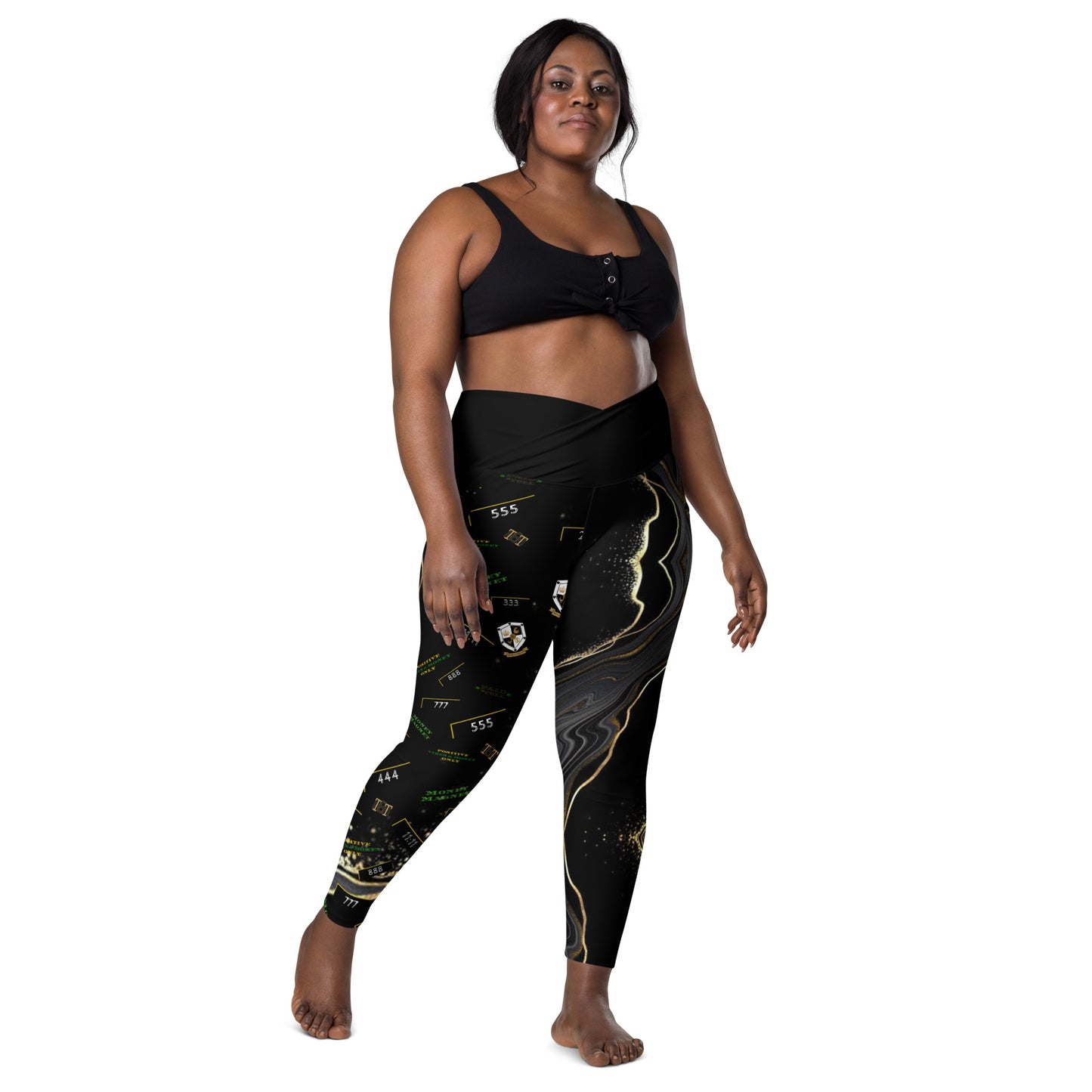 8xquiZit Collection - Women's Manifestation Deep Black N Gold Crossover leggings with pockets