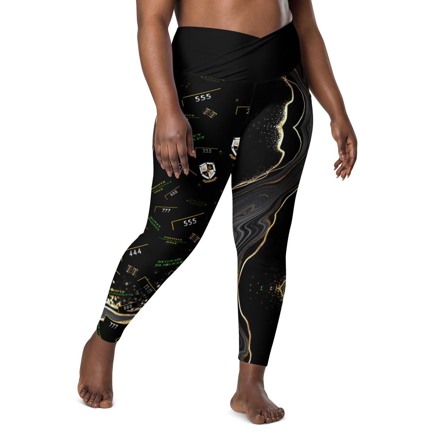 8xquiZit Collection - Women's Manifestation Deep Black N Gold Crossover leggings with pockets
