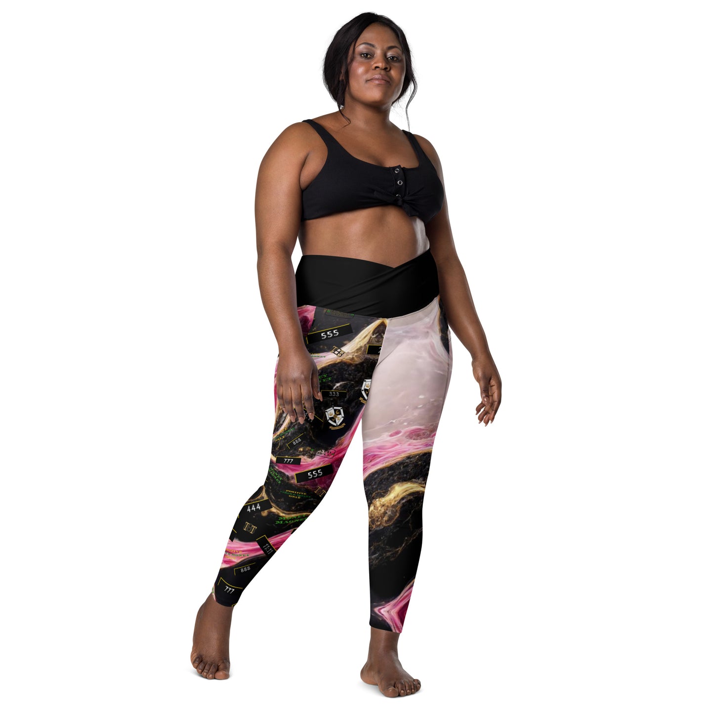 8xquiZit Collection - Women's Manifestation Pynk, Black, N Gold Marble Crossover leggings with pockets