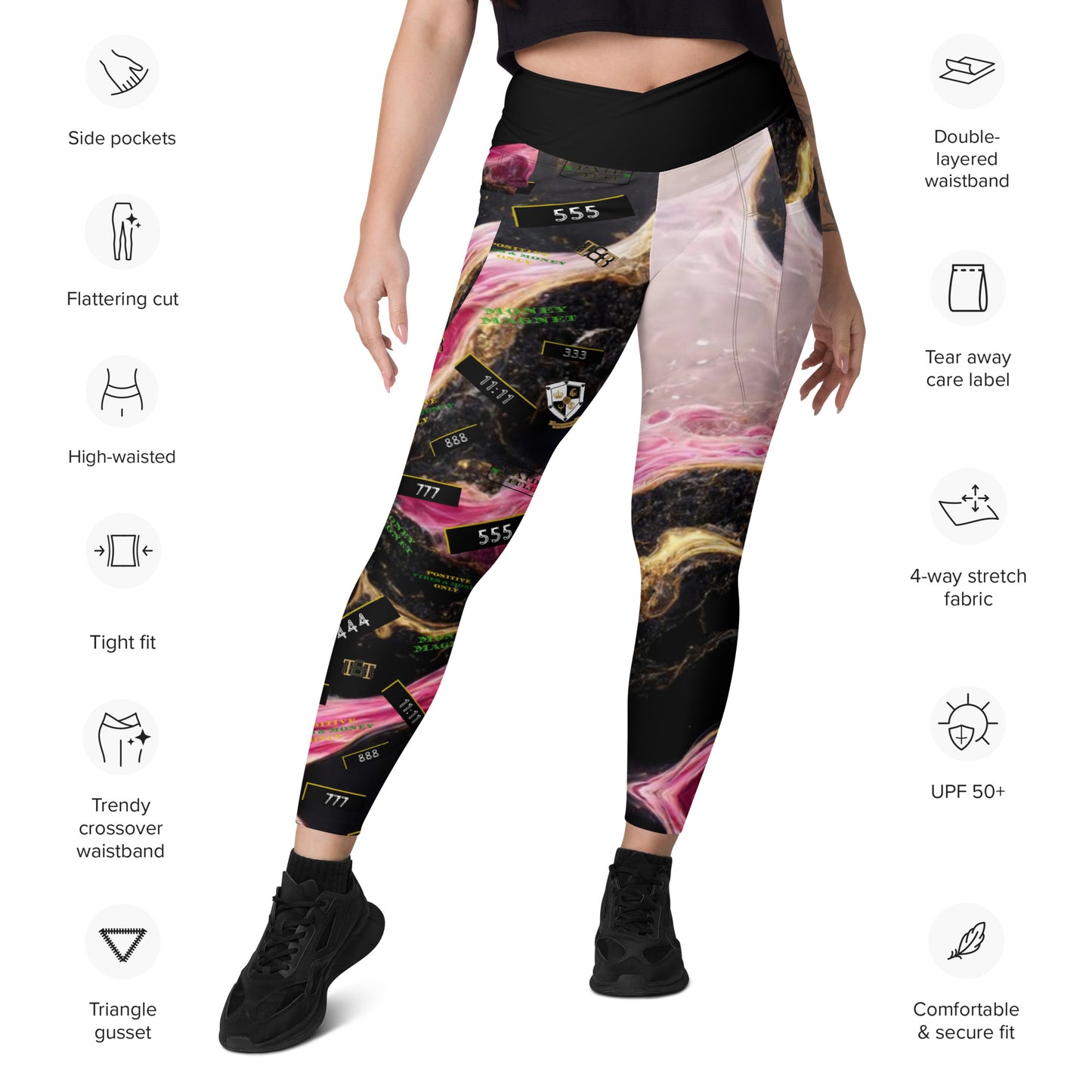 8xquiZit Collection - Women's Manifestation Pynk, Black, N Gold Marble Crossover leggings with pockets