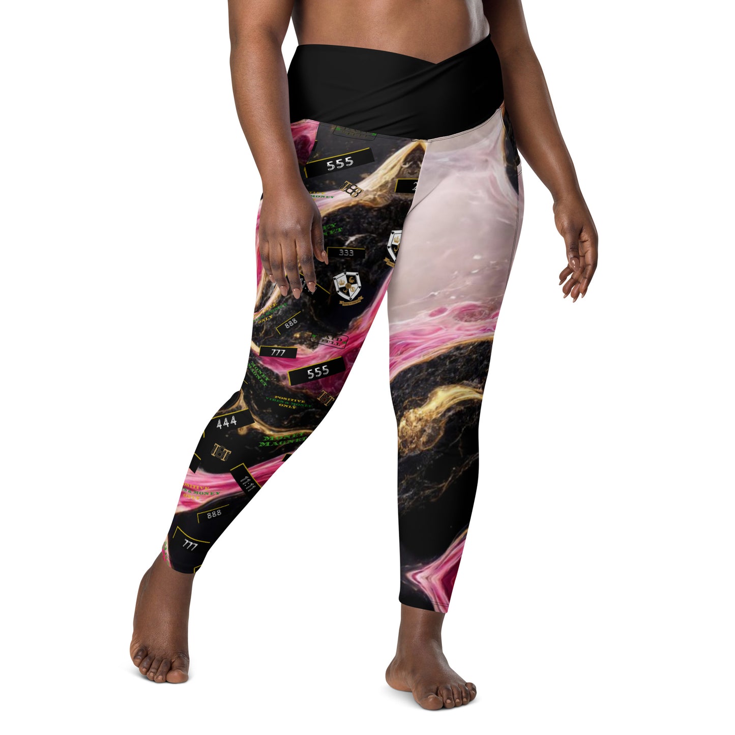 8xquiZit Collection - Women's Manifestation Pynk, Black, N Gold Marble Crossover leggings with pockets
