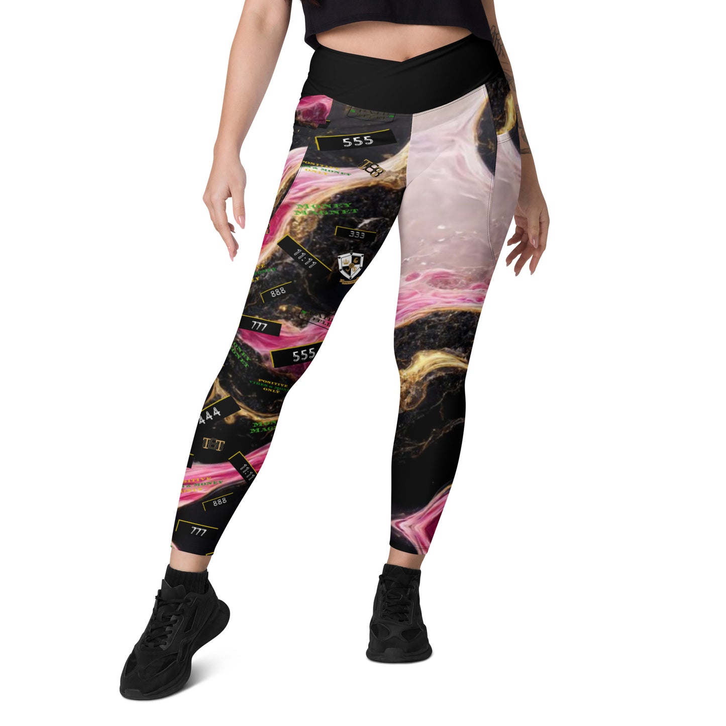 8xquiZit Collection - Women's Manifestation Pynk, Black, N Gold Marble Crossover leggings with pockets
