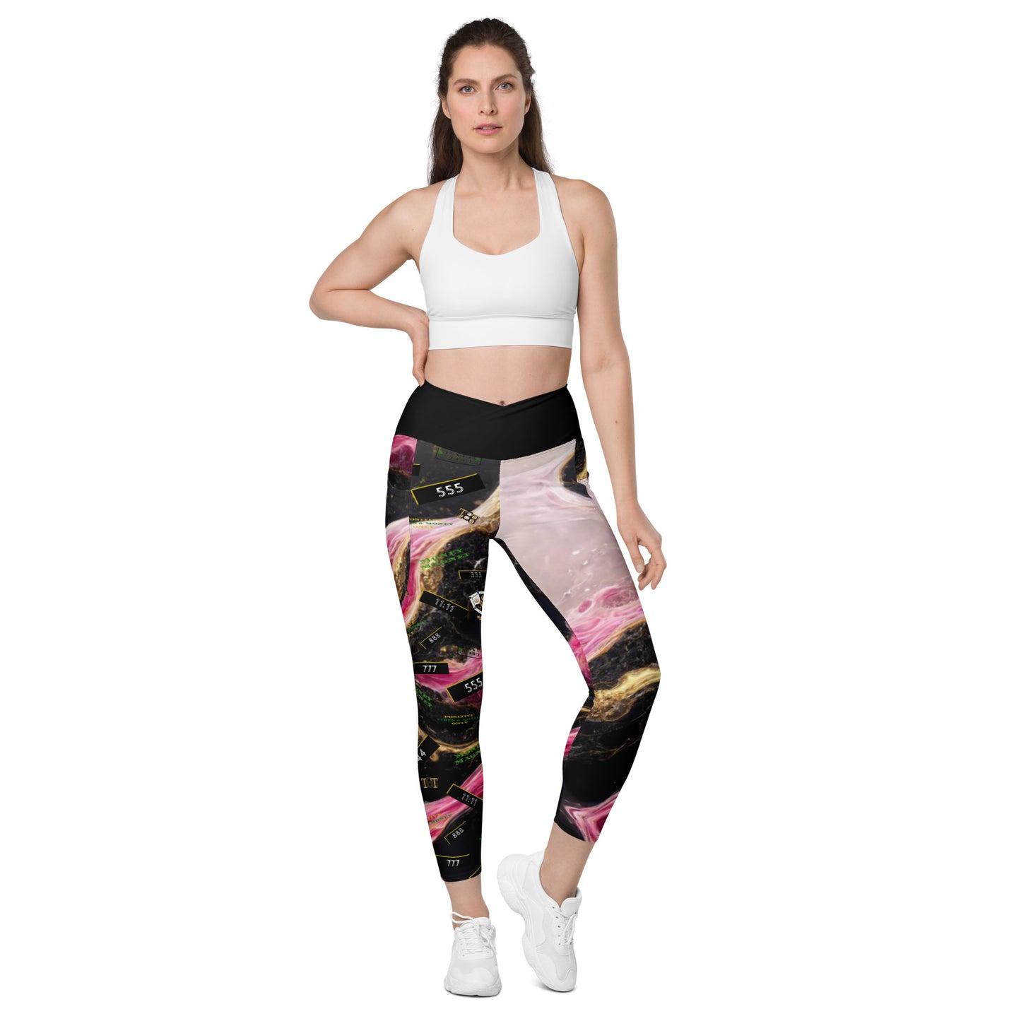 8xquiZit Collection - Women's Manifestation Pynk, Black, N Gold Marble Crossover leggings with pockets