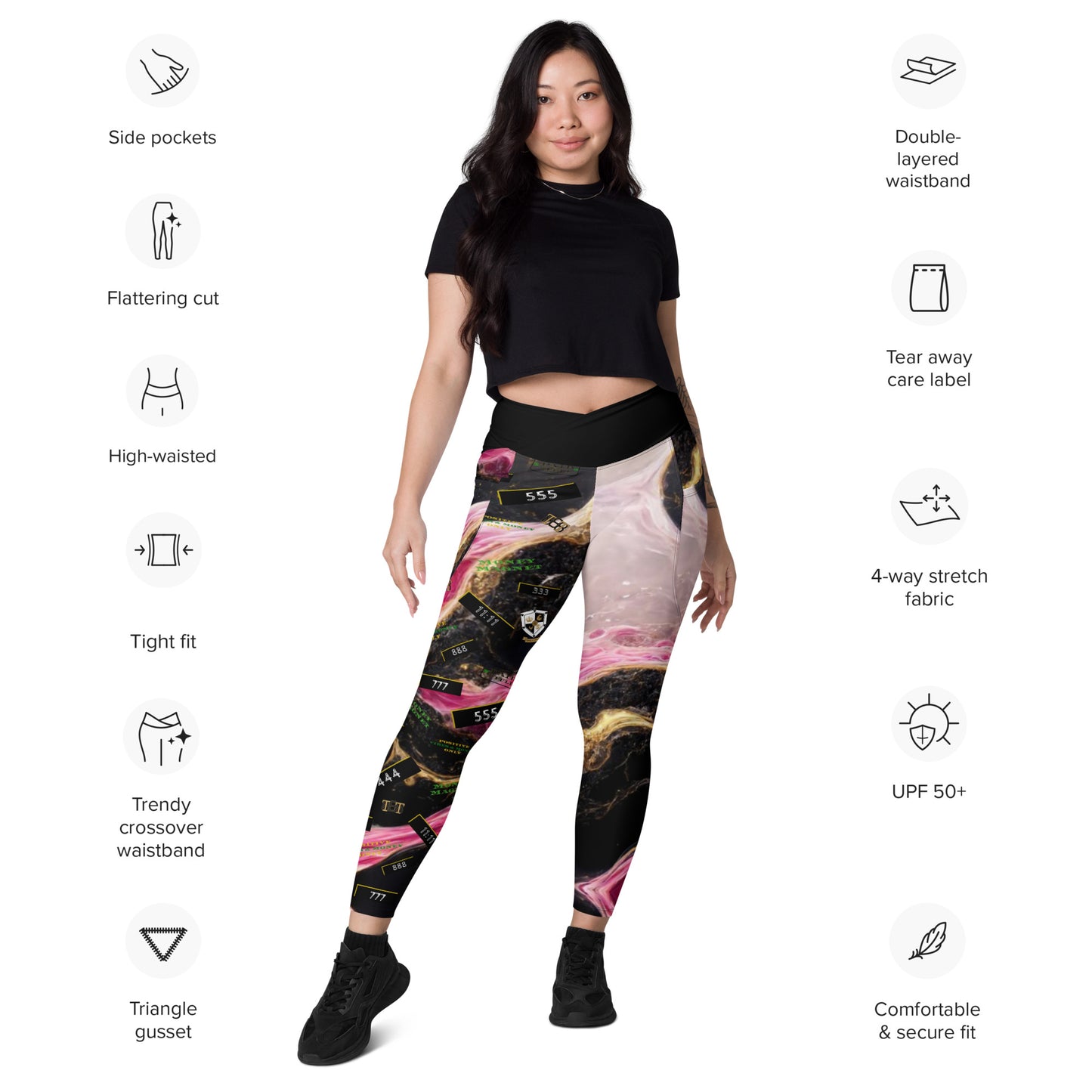 8xquiZit Collection - Women's Manifestation Pynk, Black, N Gold Marble Crossover leggings with pockets