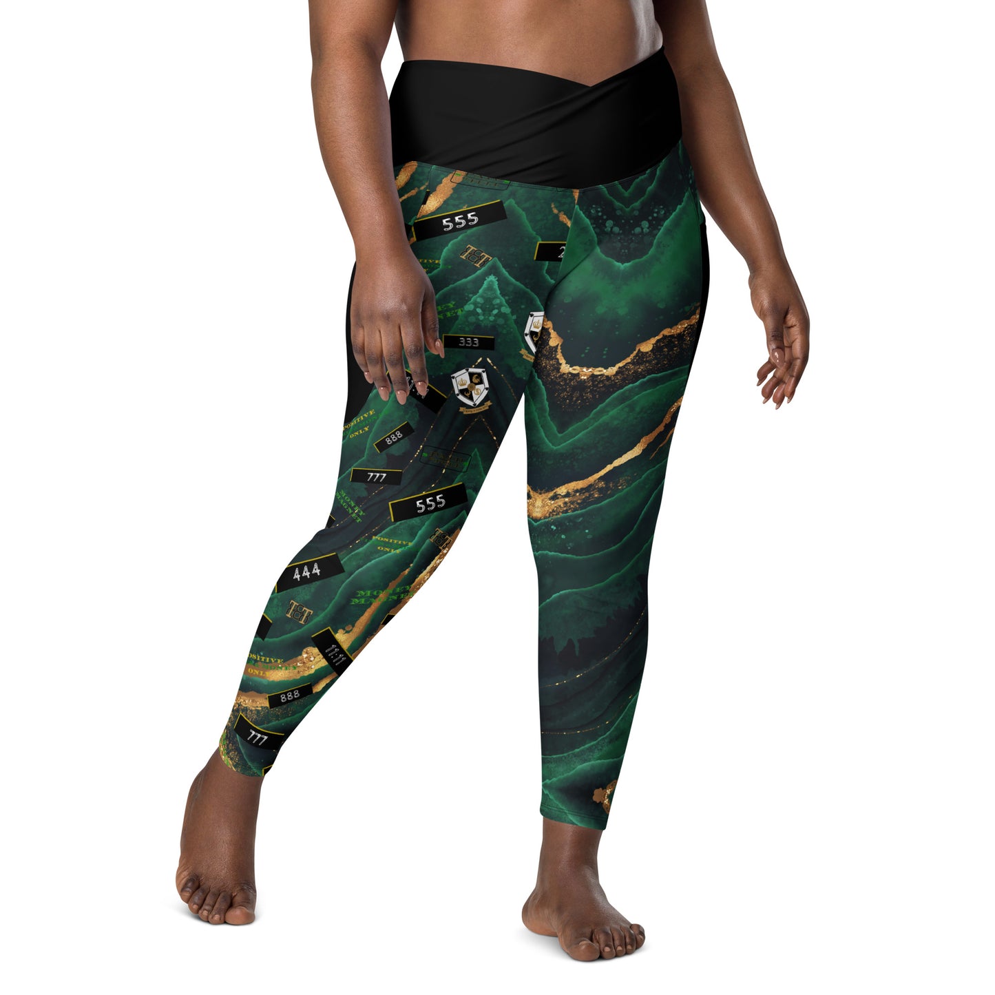 8xquiZit Collection - Women's Manifestation Emerald Green N Gold Marble Crossover Leggings with Pockets
